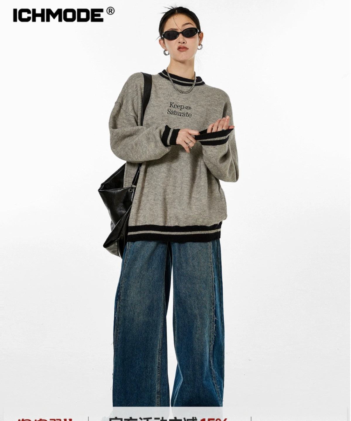 ICH MODE 美式复古圆领毛衣秋冬女宽松针织衫外套慵懒风2025新款