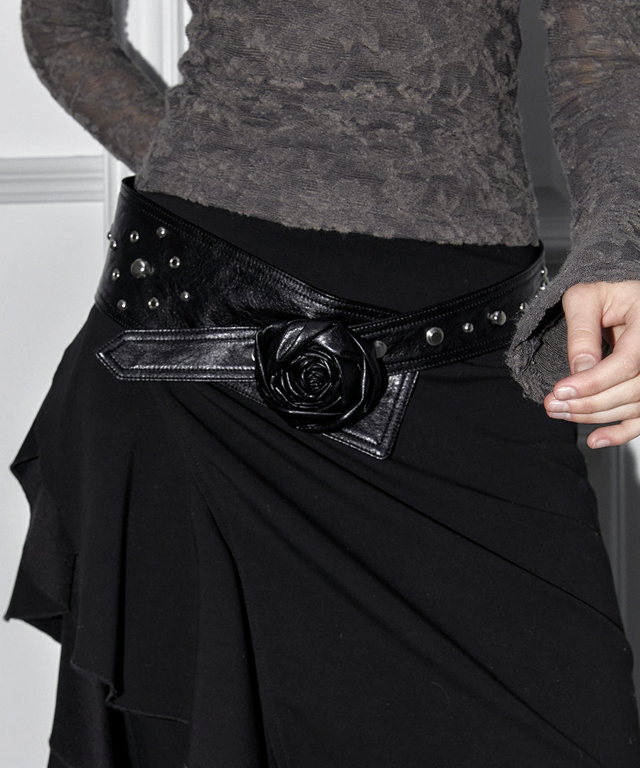 2th Desire设计感玫瑰花腰带复古腰封铆钉配饰y2k银色宽腰带皮带