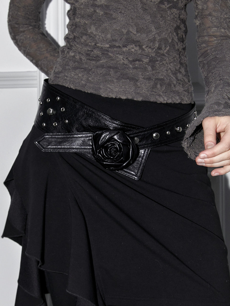 2th Desire设计感玫瑰花腰带复古腰封铆钉配饰y2k银色宽腰带皮带