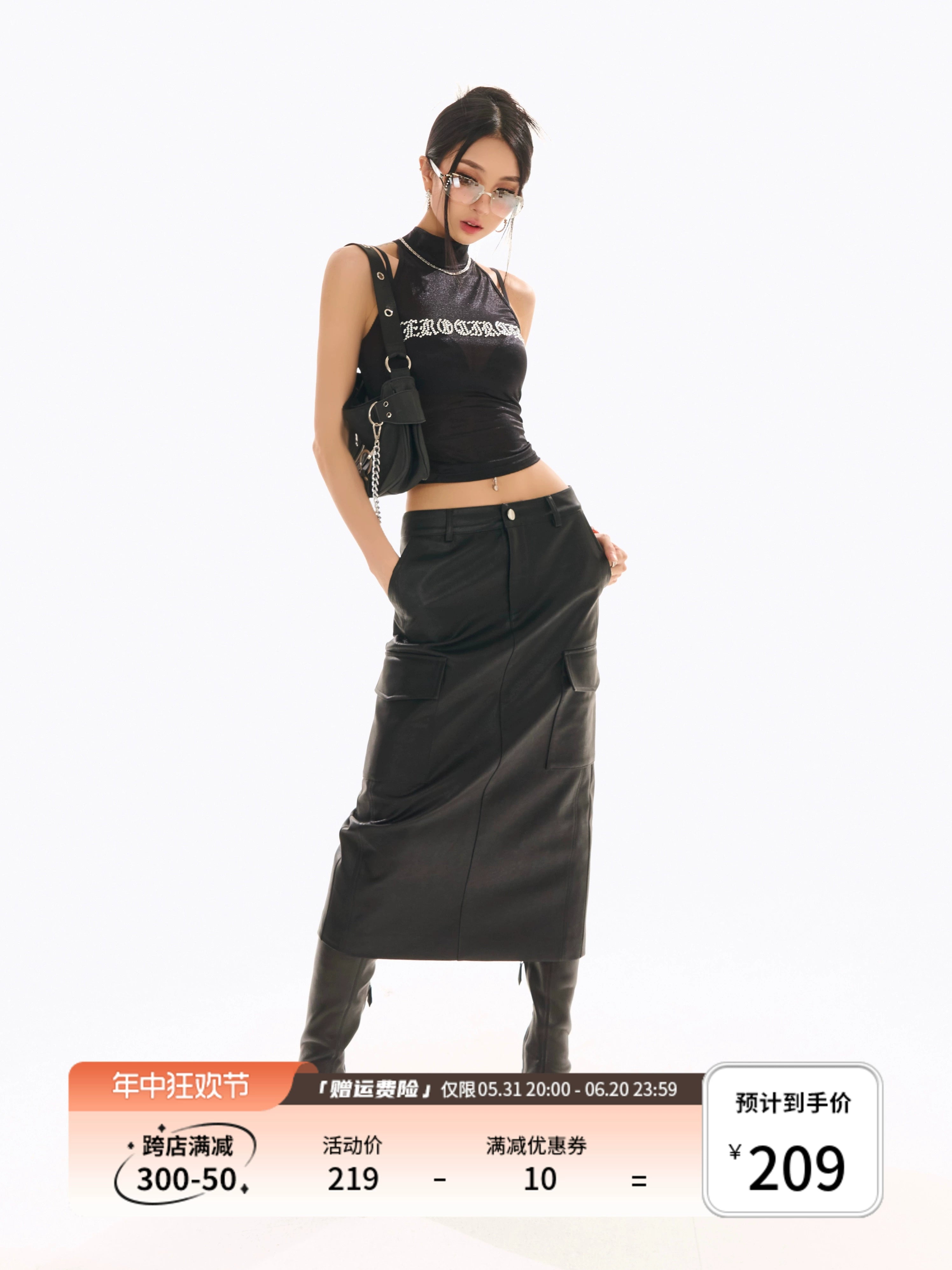 野生zerocircle黑色皮裙女秋辣妹显瘦小众开叉直筒中长款半身裙子