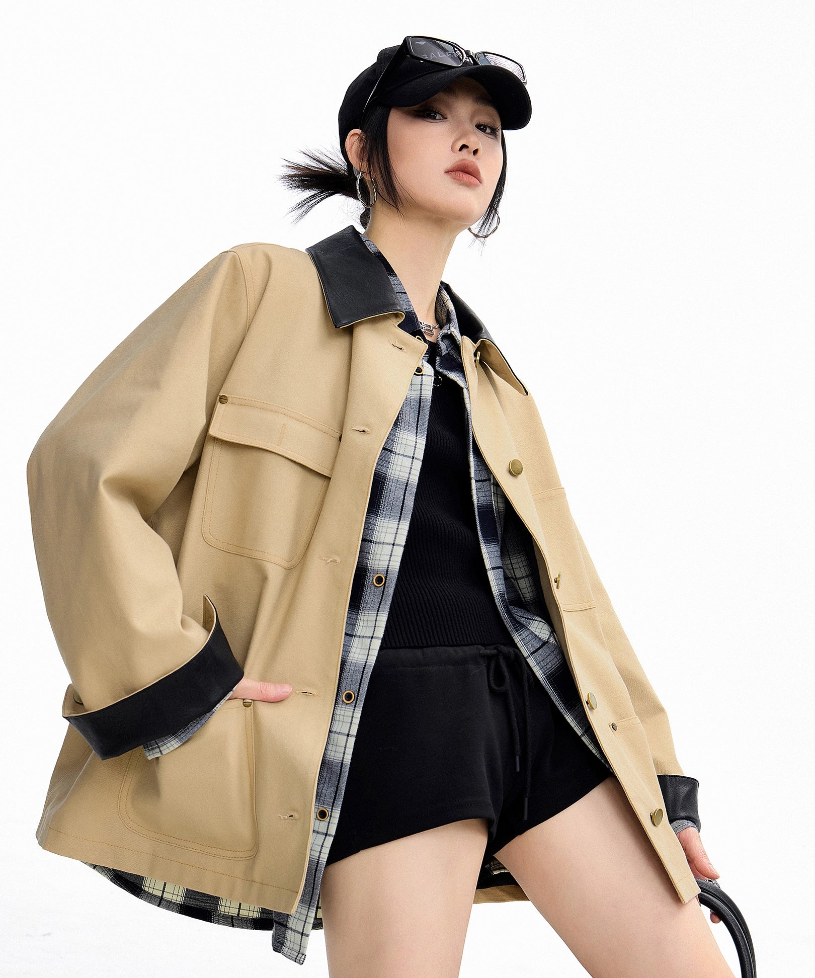 ICH MODE 美式复古巴恩风短款风衣外套女秋冬季宽松开衫夹克上衣