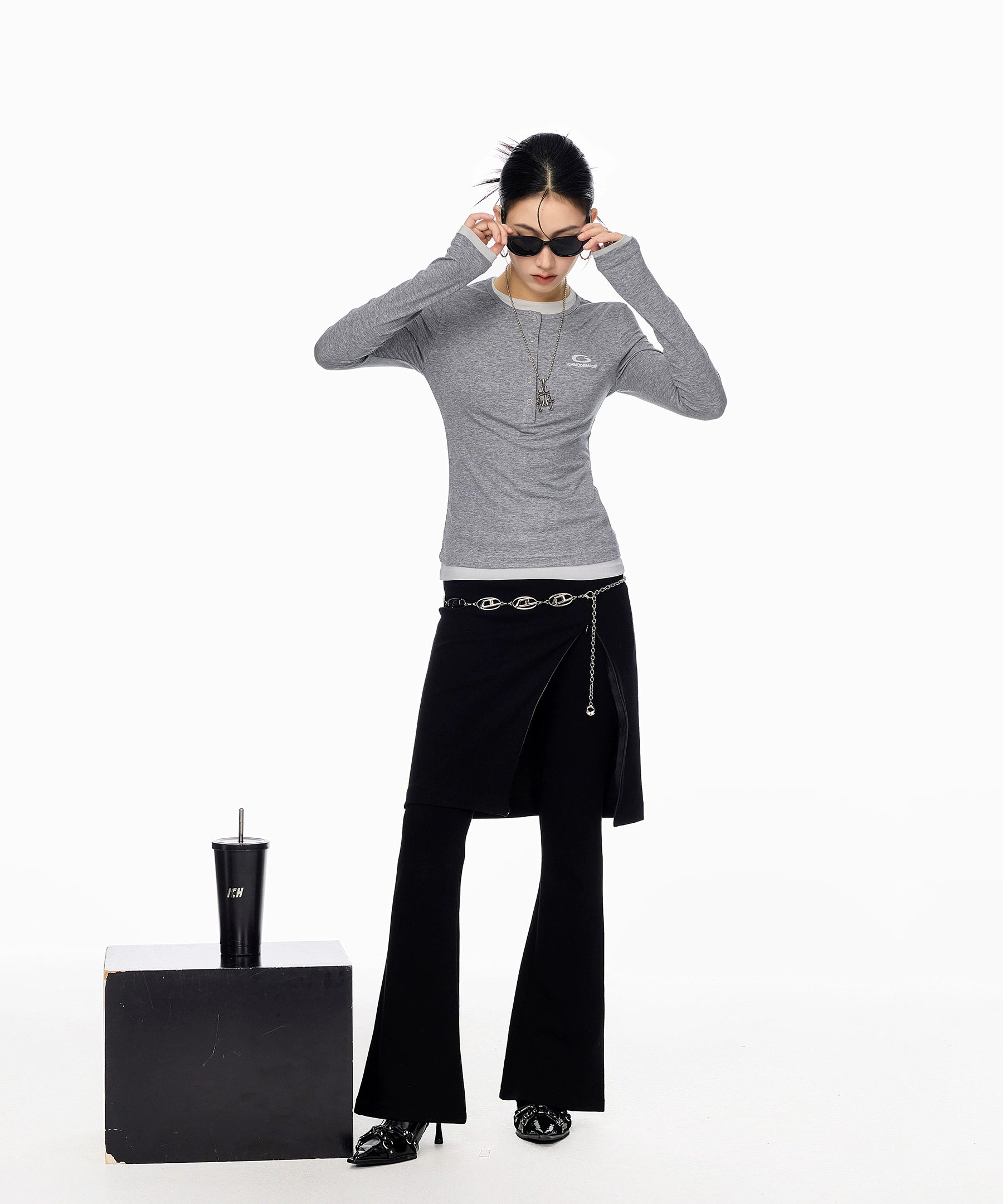 ICH MODE 美式亨利领假两件正肩长袖T恤女秋冬修身一字肩打底上衣