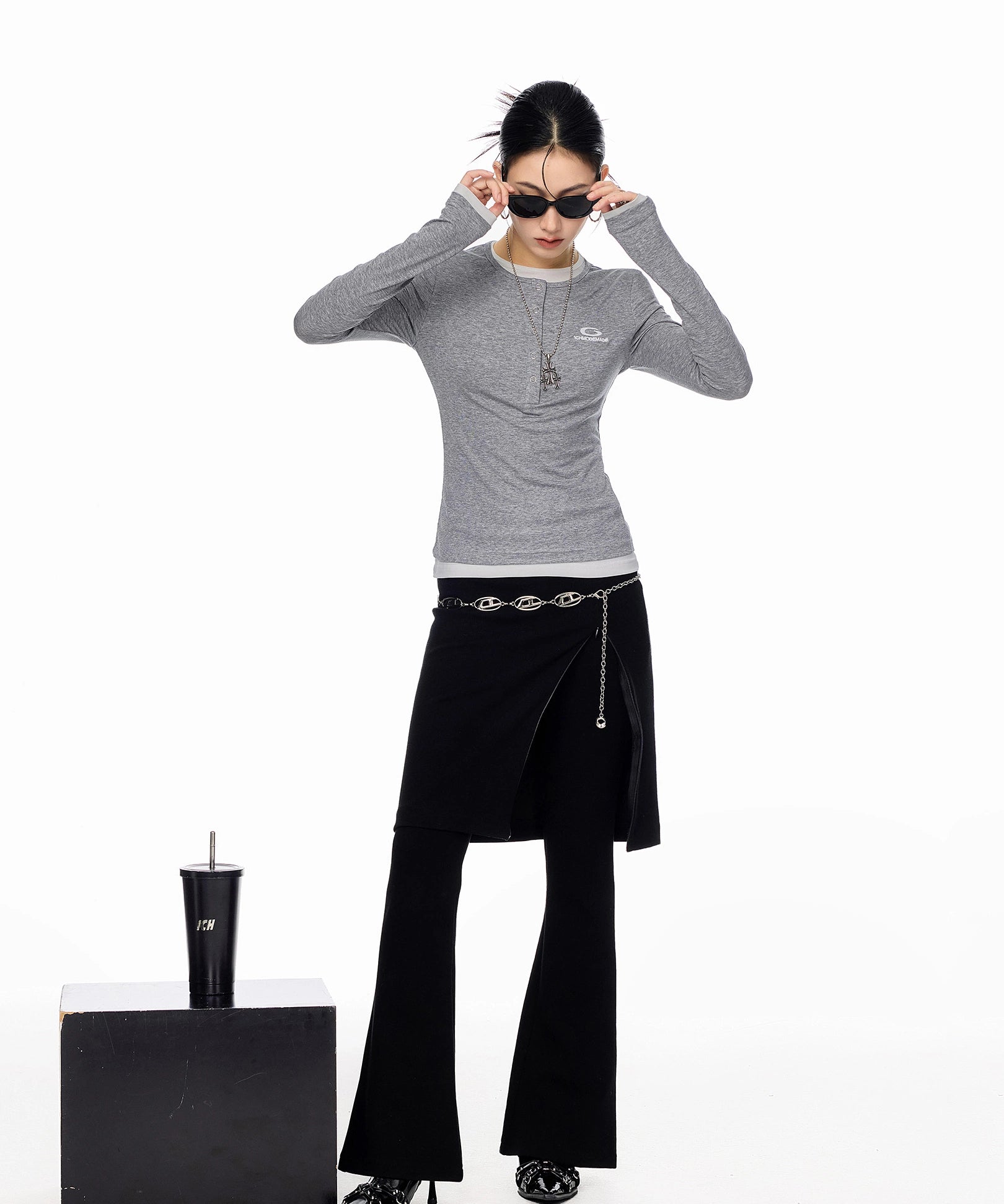 ICH MODE 美式亨利领假两件正肩长袖T恤女秋冬修身一字肩打底上衣