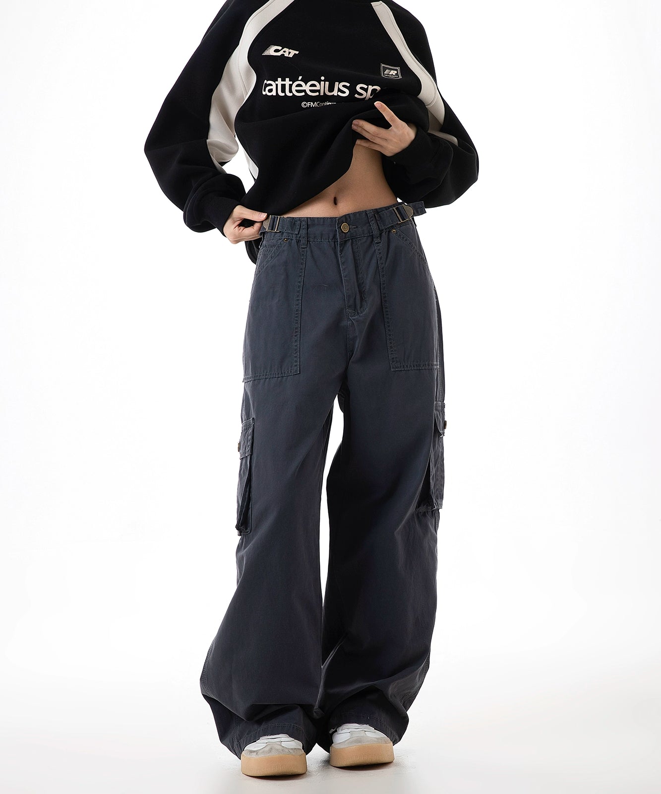 ICH MODE 美式复古口袋工装裤女2025新款秋宽松直筒阔腿休闲裤