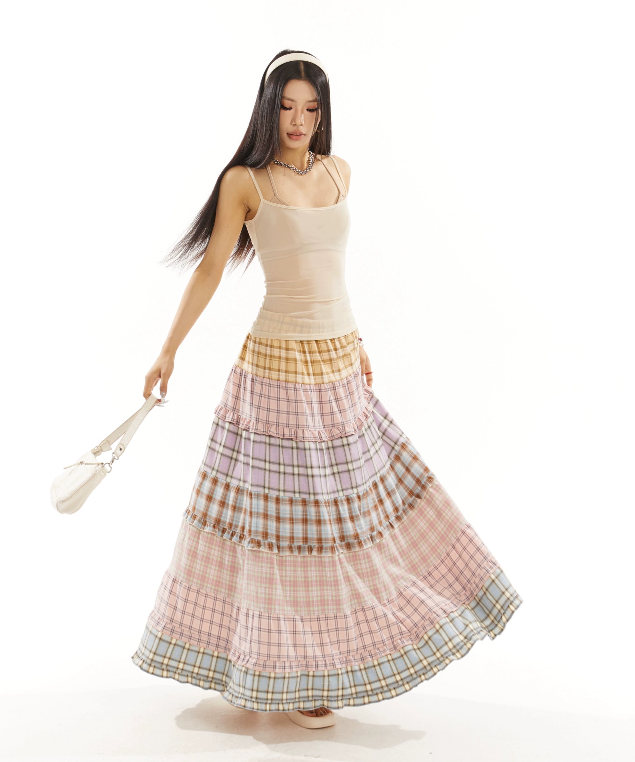 野生zero 彩虹格子长裙女秋季宽松显瘦设计感小众拼接a字海边裙子