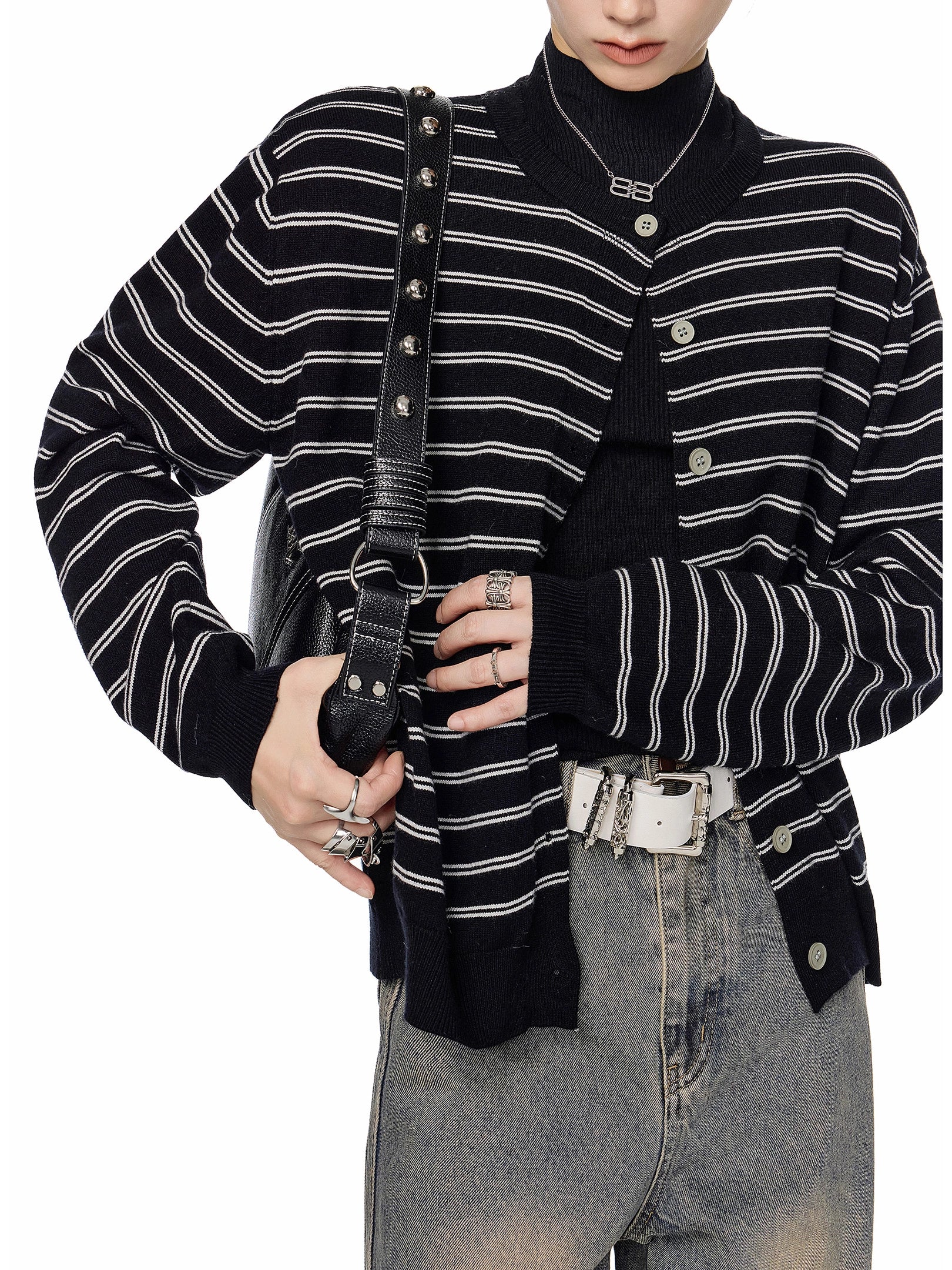 ICH MODE 美式复古条纹针织开衫女秋冬宽松毛衣休闲外搭上衣外套