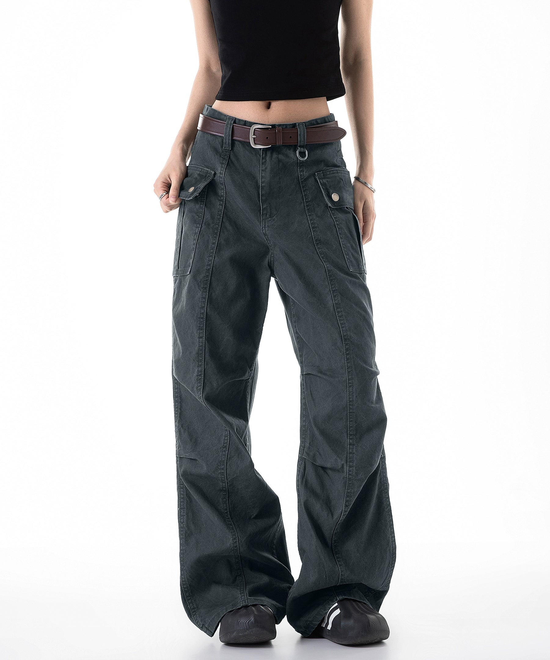 ICH MODE 美式复古口袋休闲裤女夏季宽松直筒工装裤流行阔腿裤子