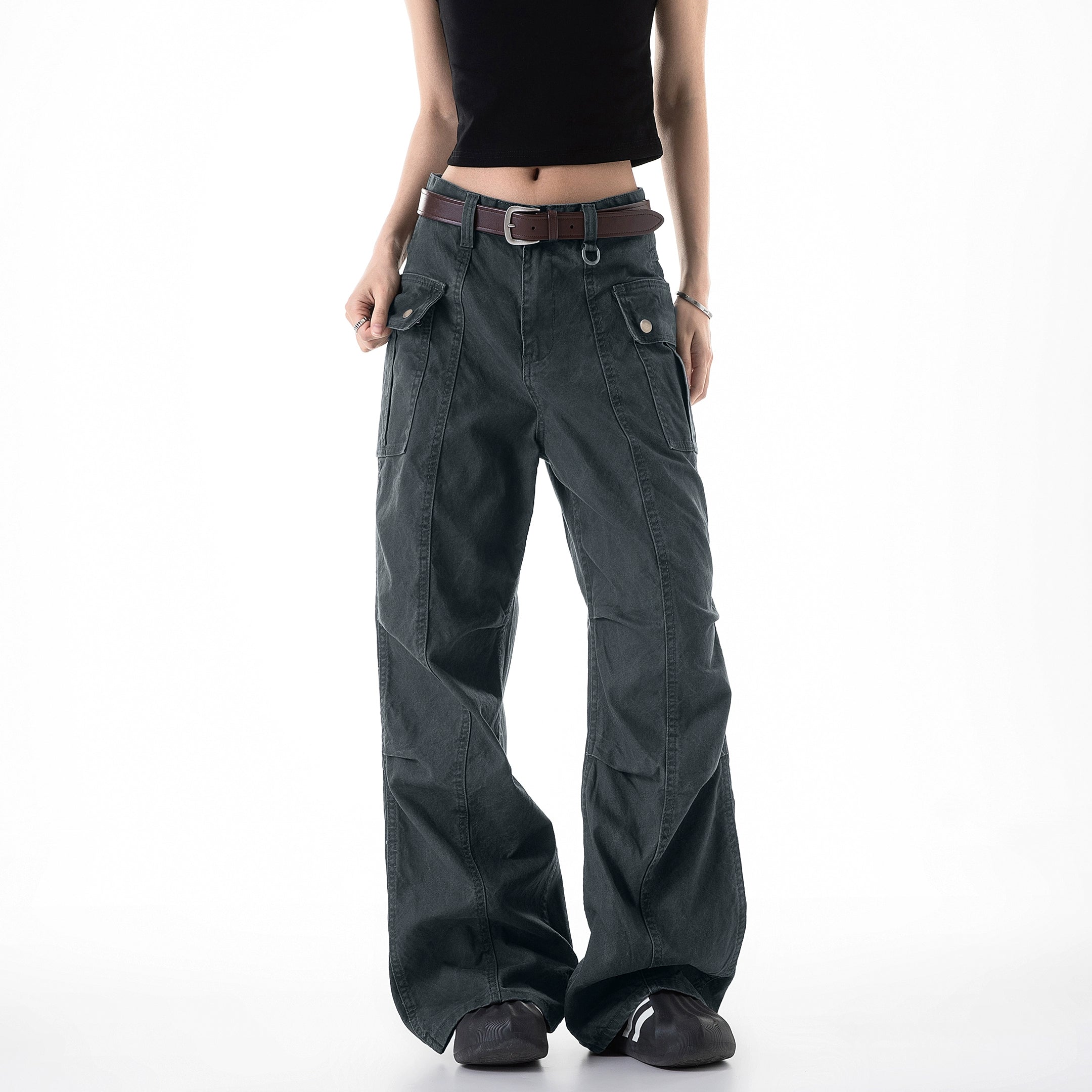 ICH MODE 美式复古口袋休闲裤女夏季宽松直筒工装裤流行阔腿裤子