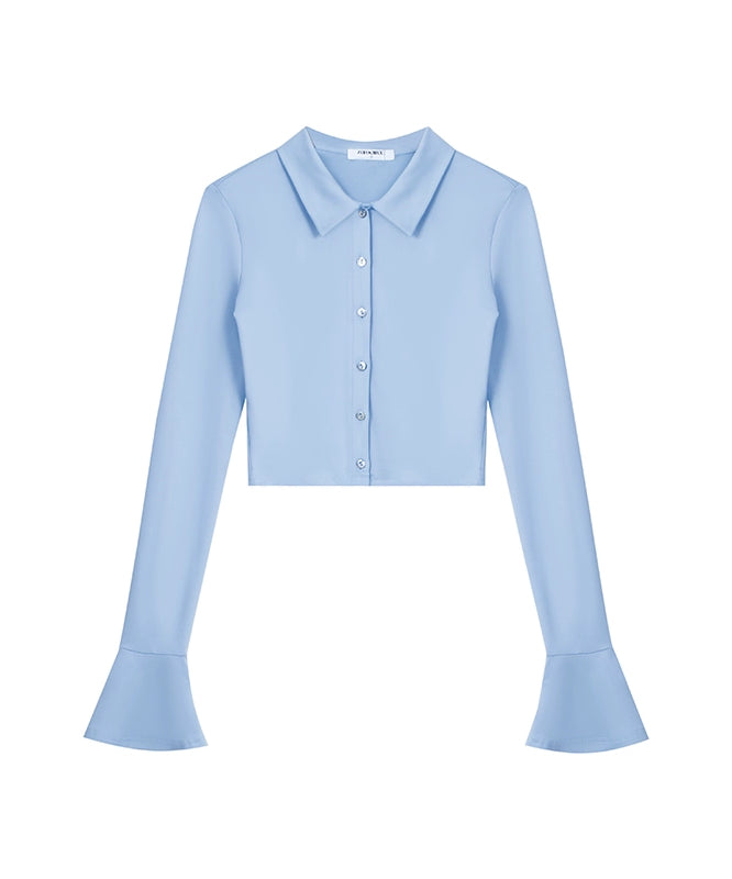 野生zero蓝色短款上衣女春夏甜辣妹小众修身显瘦翻领喇叭长袖衬衫