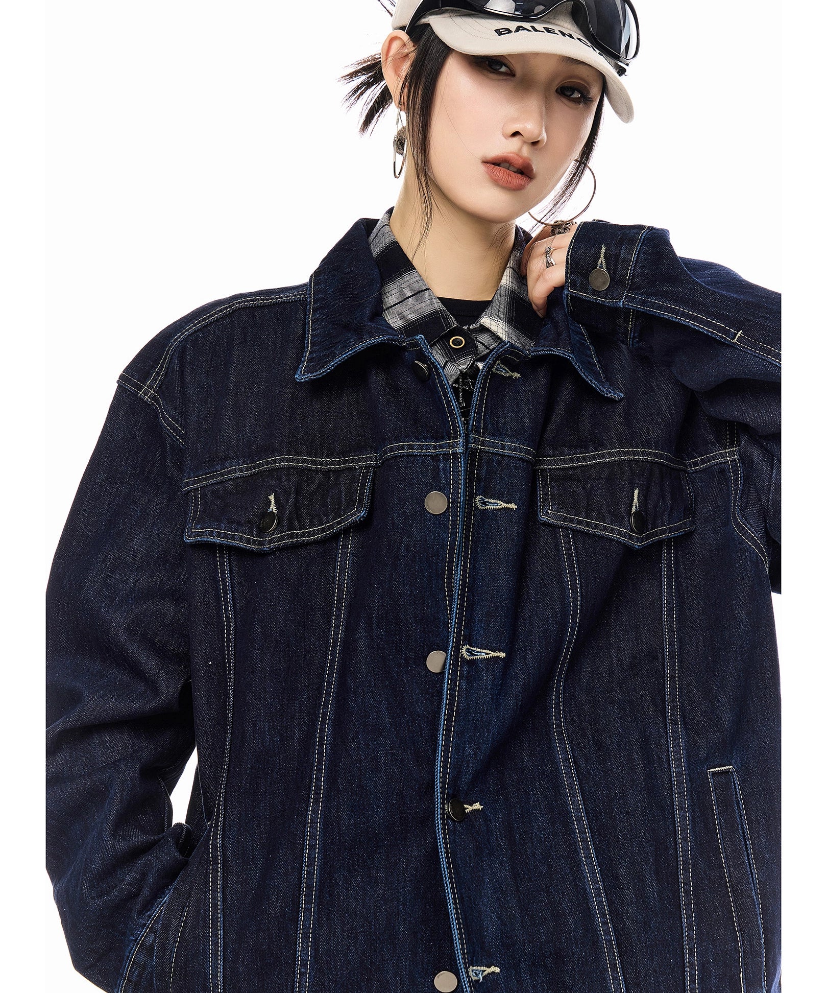 ICH MODE 美式复古水洗牛仔外套女秋冬翻领工装夹克宽松休闲上衣