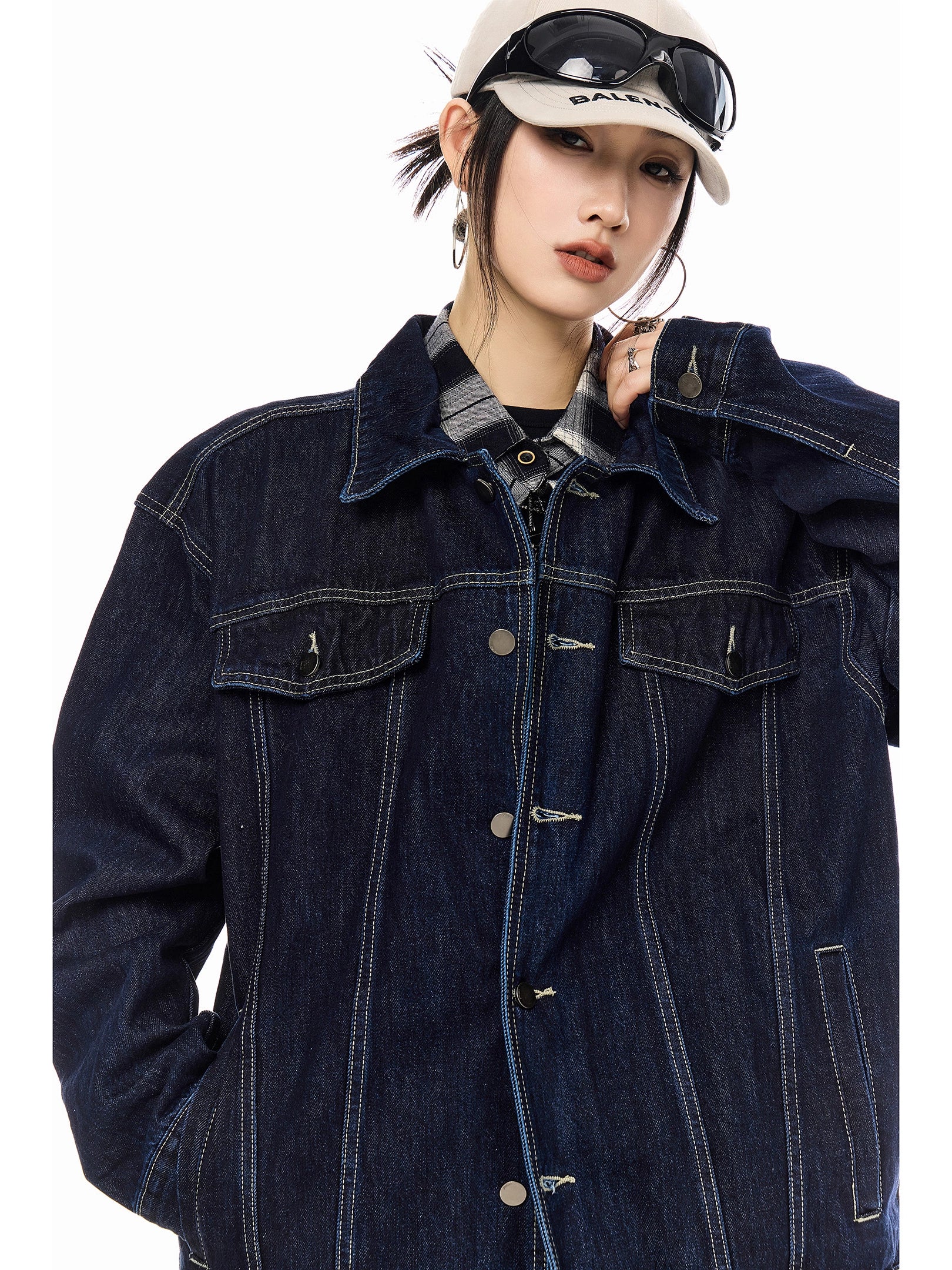 ICH MODE 美式复古水洗牛仔外套女秋冬翻领工装夹克宽松休闲上衣