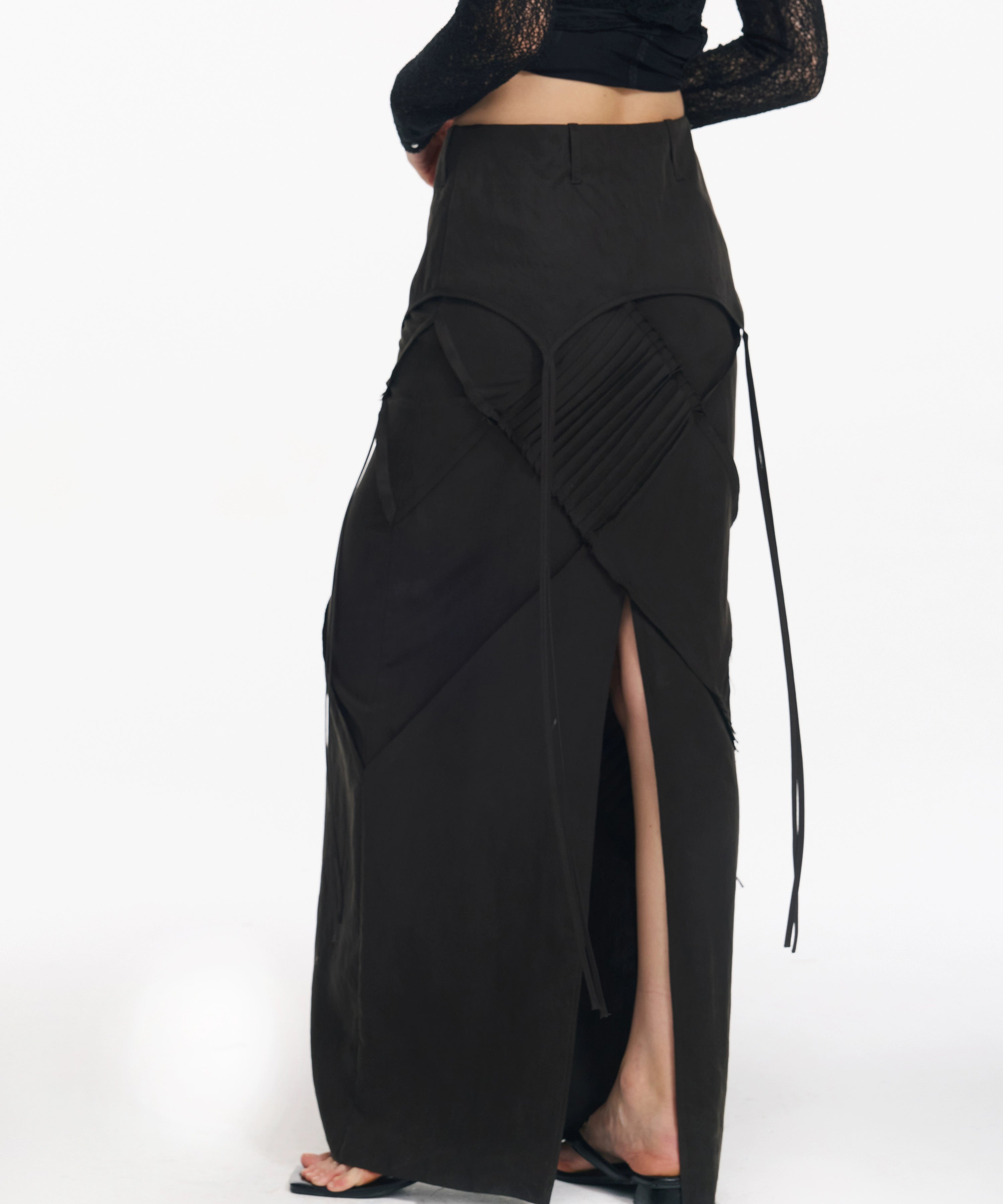 2th Desire 复古菱形格打条绑带长款直筒显瘦设计感低腰半身裙女