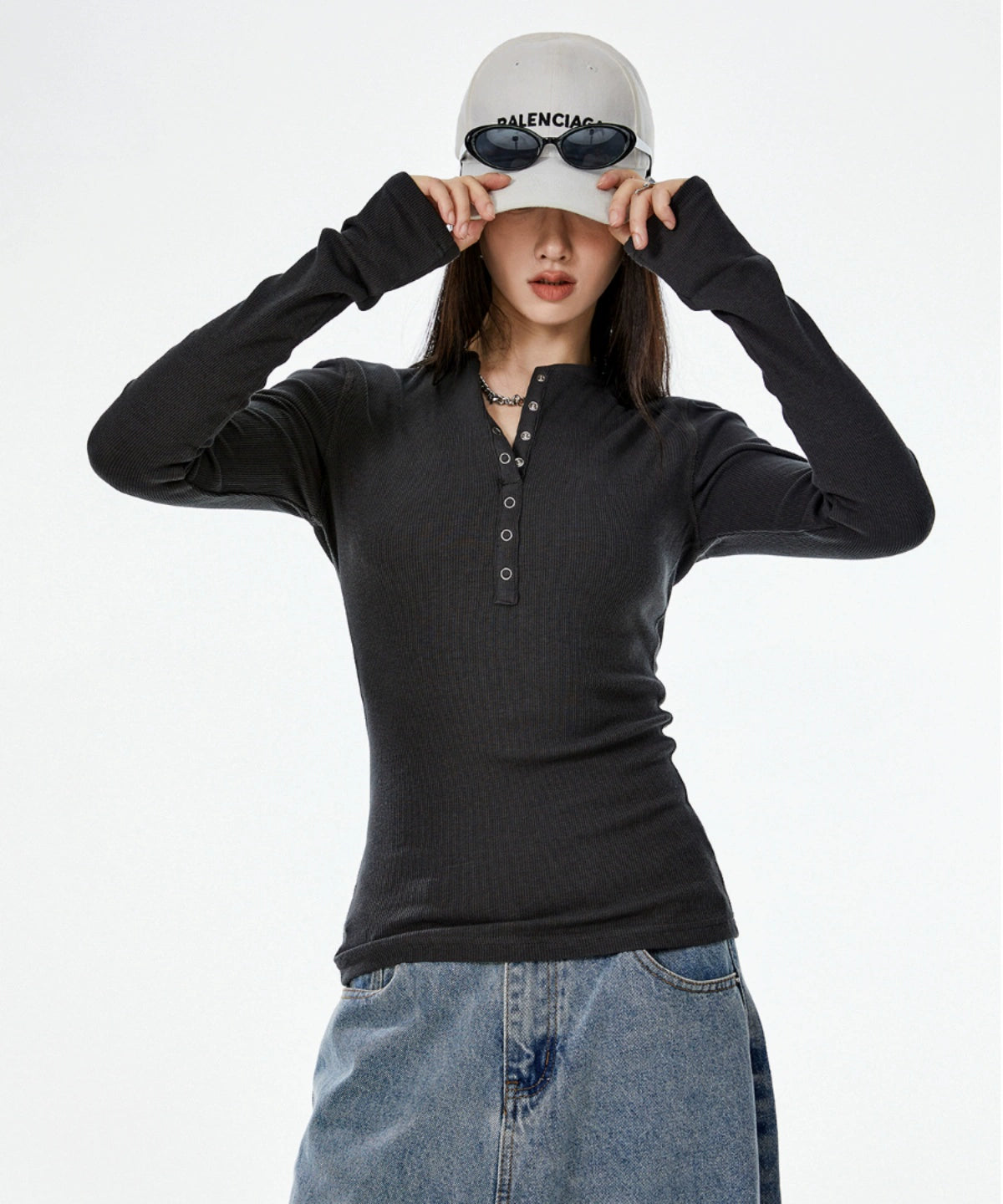 ICH MODE 美式复古V领修身打底衫女2025秋冬新款内搭长袖T恤上衣