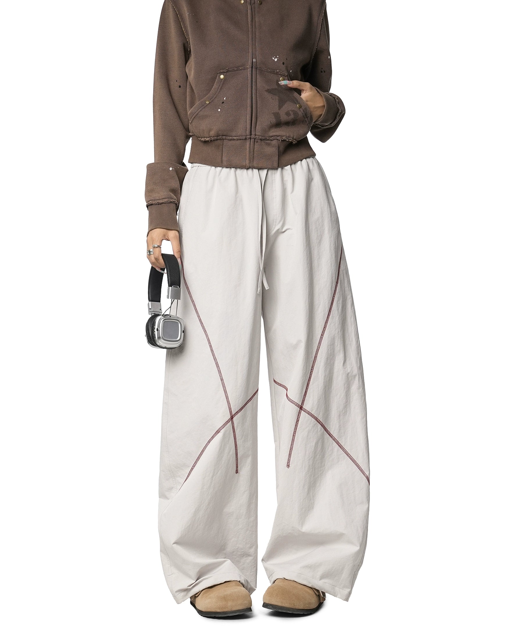 ICH MODE 美式复古户外哈苏线休闲裤女宽松弯刀裤阔腿直筒运动裤