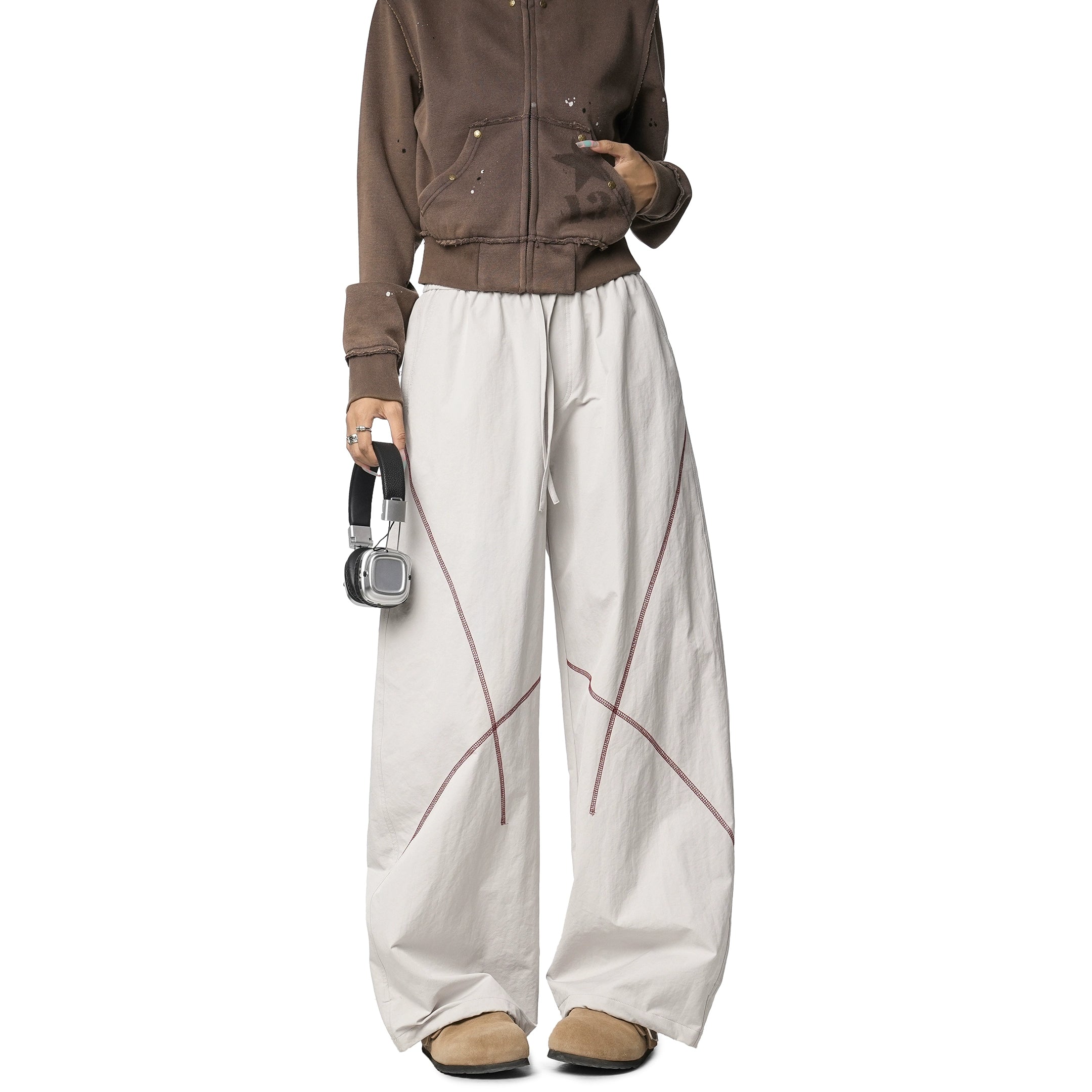 ICH MODE 美式复古户外哈苏线休闲裤女宽松弯刀裤阔腿直筒运动裤