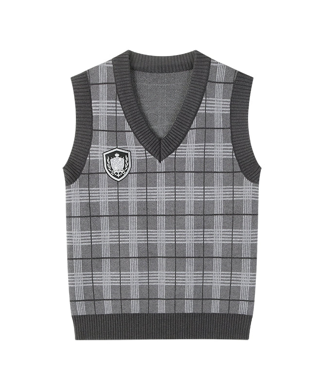 野生zerocircle 灰色格子无袖v领毛衣女秋季外穿宽松学院风针织衫