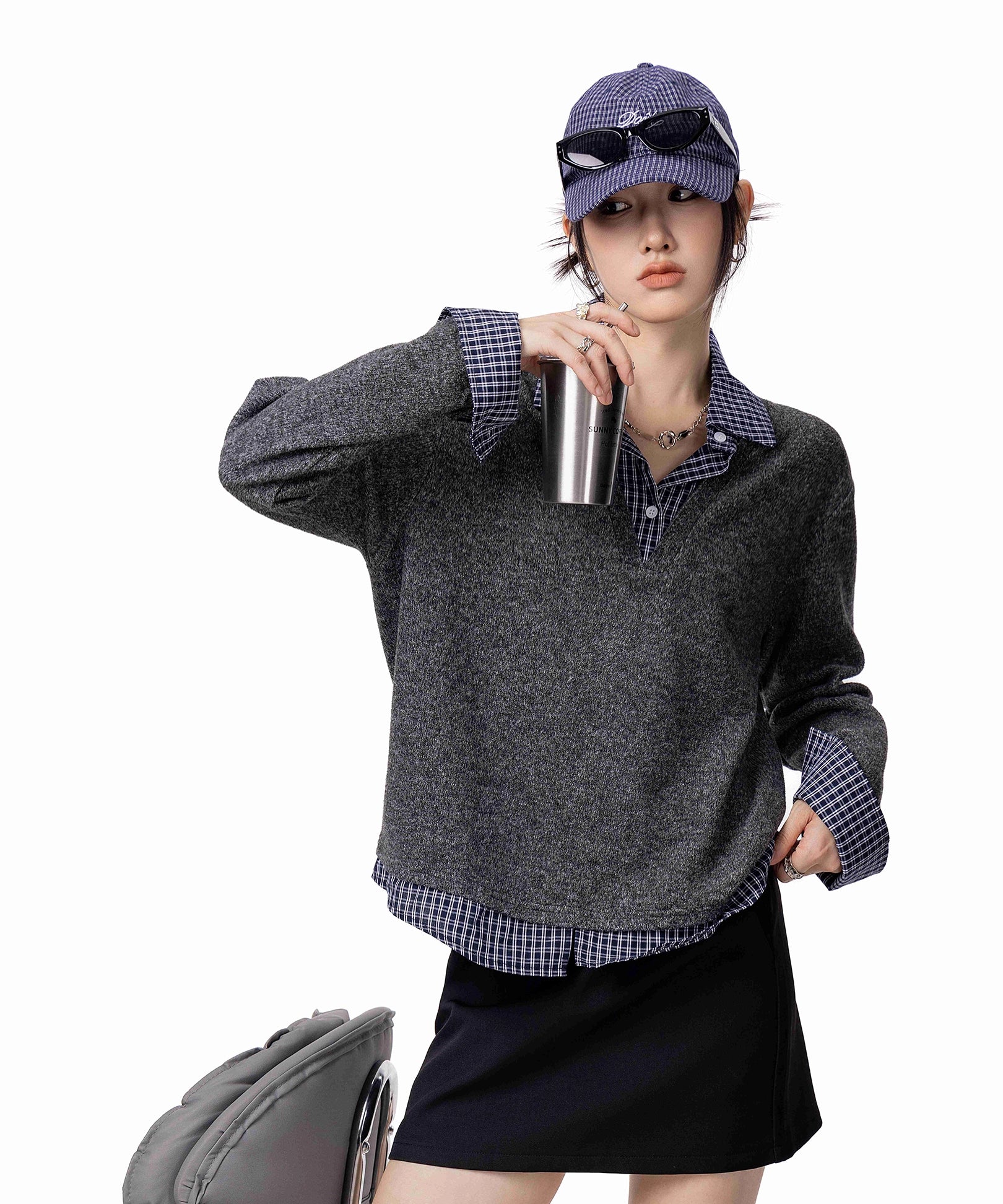 ICH MODE 美式假两件毛针织衫女2025秋冬新款POLO衫毛衣休闲上衣