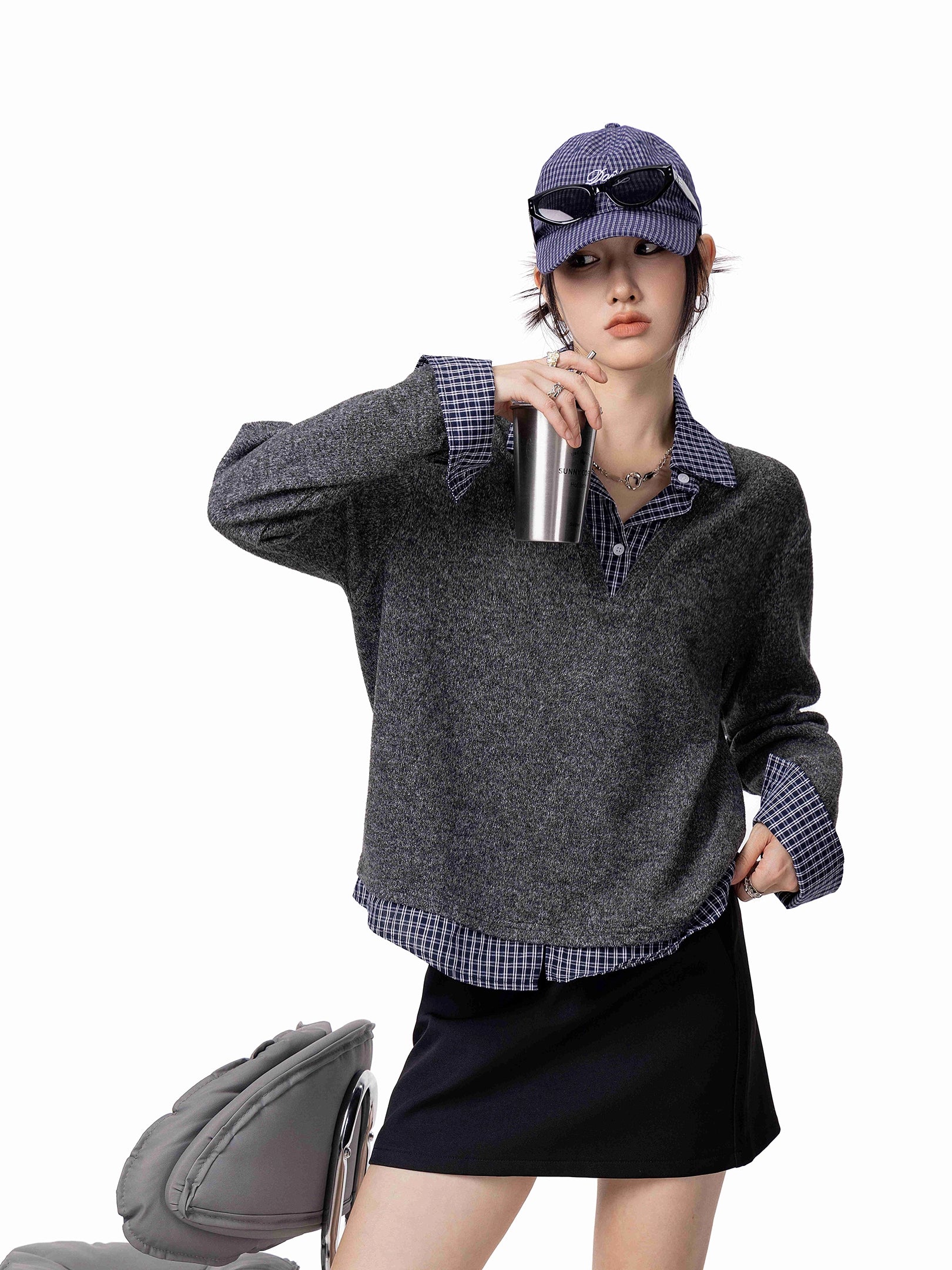 ICH MODE 美式假两件毛针织衫女2025秋冬新款POLO衫毛衣休闲上衣