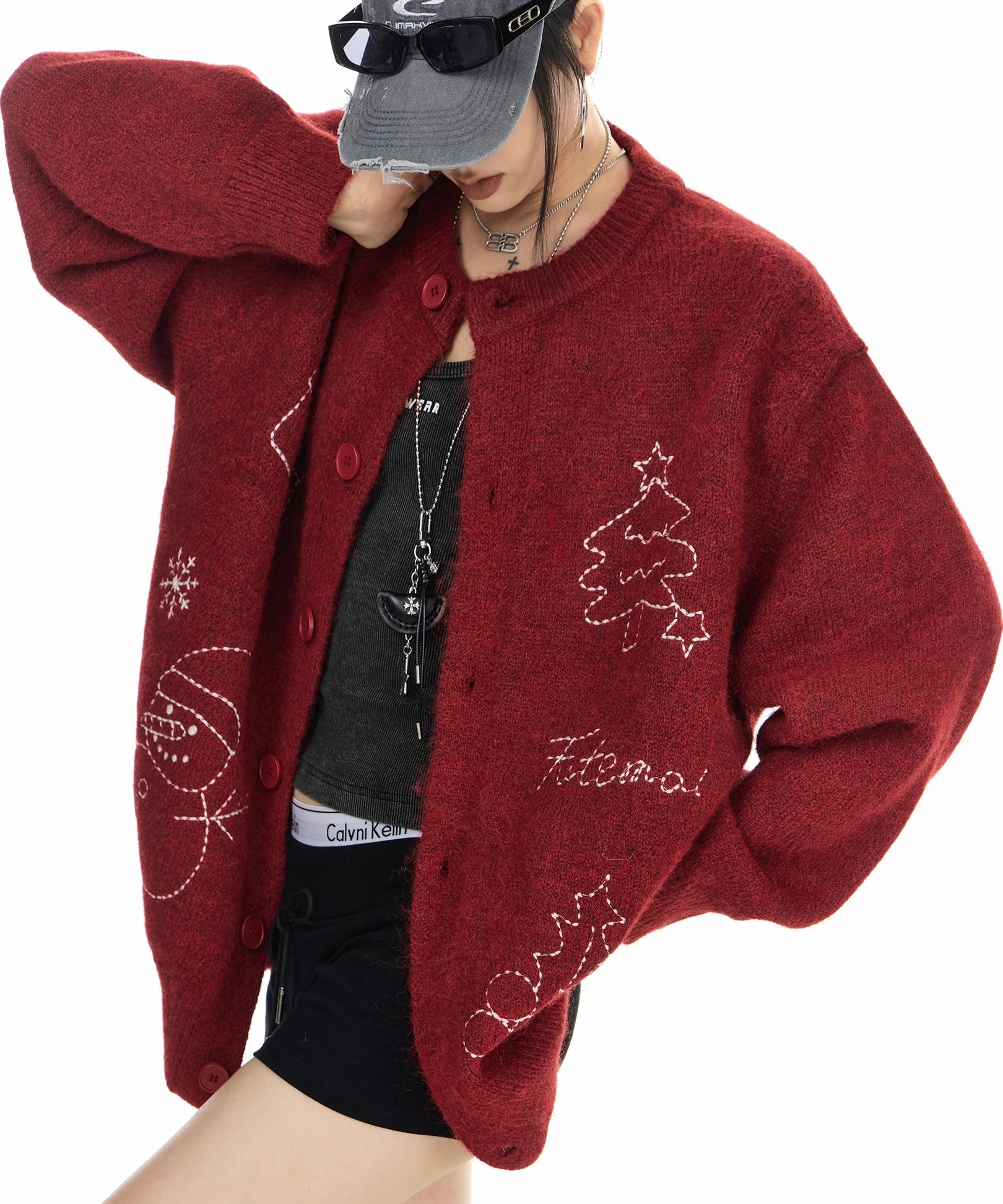 ICH MODE 美式复古圣诞针织毛衣开衫女2025新款秋冬休闲毛衣外套