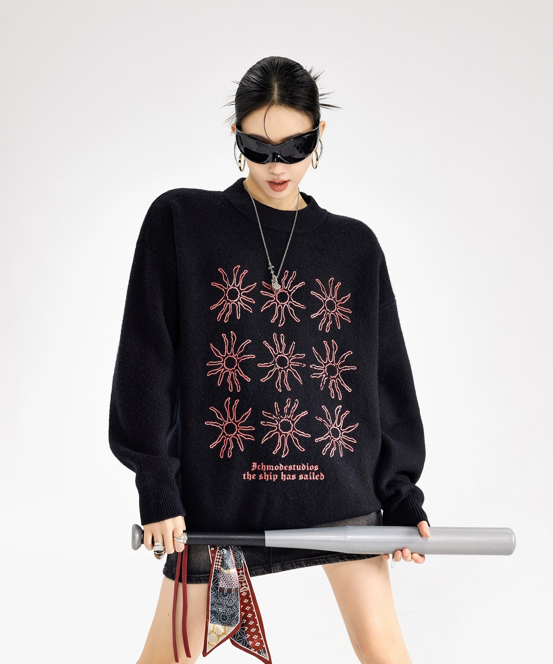 ICH MODE 美式复古太阳花圆领毛衣女秋冬季慵懒高级感长袖针织衫