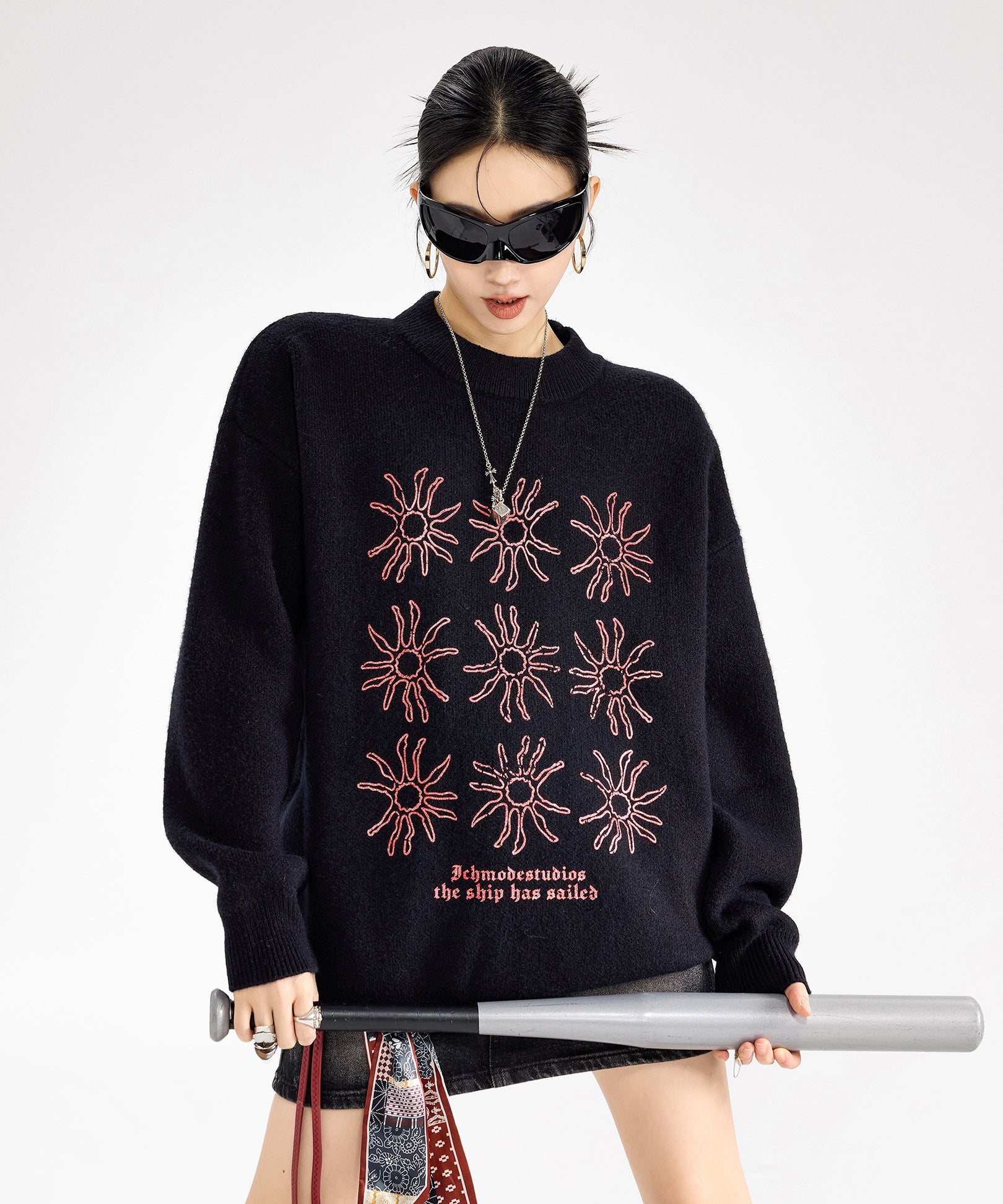 ICH MODE 美式复古太阳花圆领毛衣女秋冬季慵懒高级感长袖针织衫