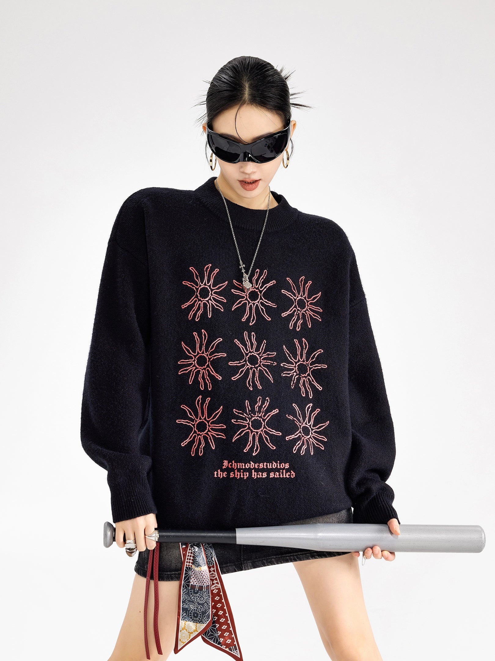 ICH MODE 美式复古太阳花圆领毛衣女秋冬季慵懒高级感长袖针织衫