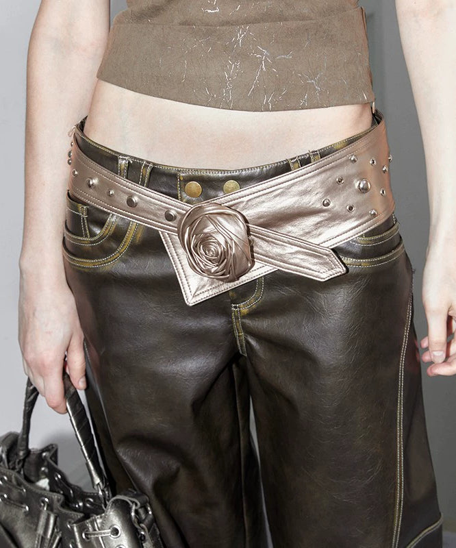2th Desire设计感玫瑰花腰带复古腰封铆钉配饰y2k银色宽腰带皮带