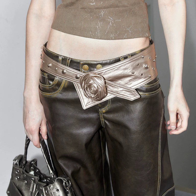 2th Desire设计感玫瑰花腰带复古腰封铆钉配饰y2k银色宽腰带皮带