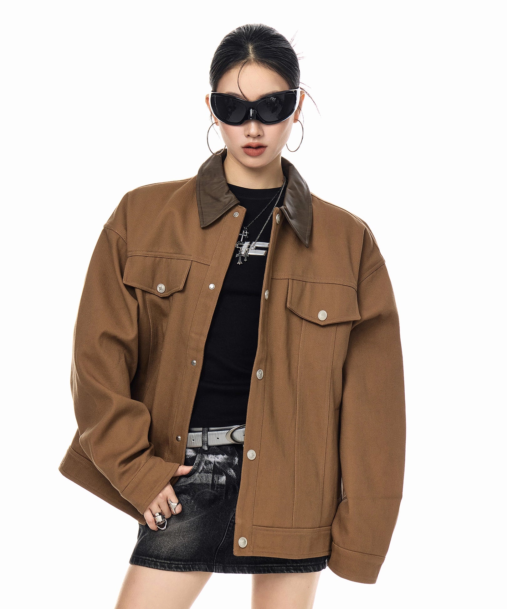 ICH MODE 美式复古撞色翻领外套女2025新款秋冬季巴恩风夹克上衣