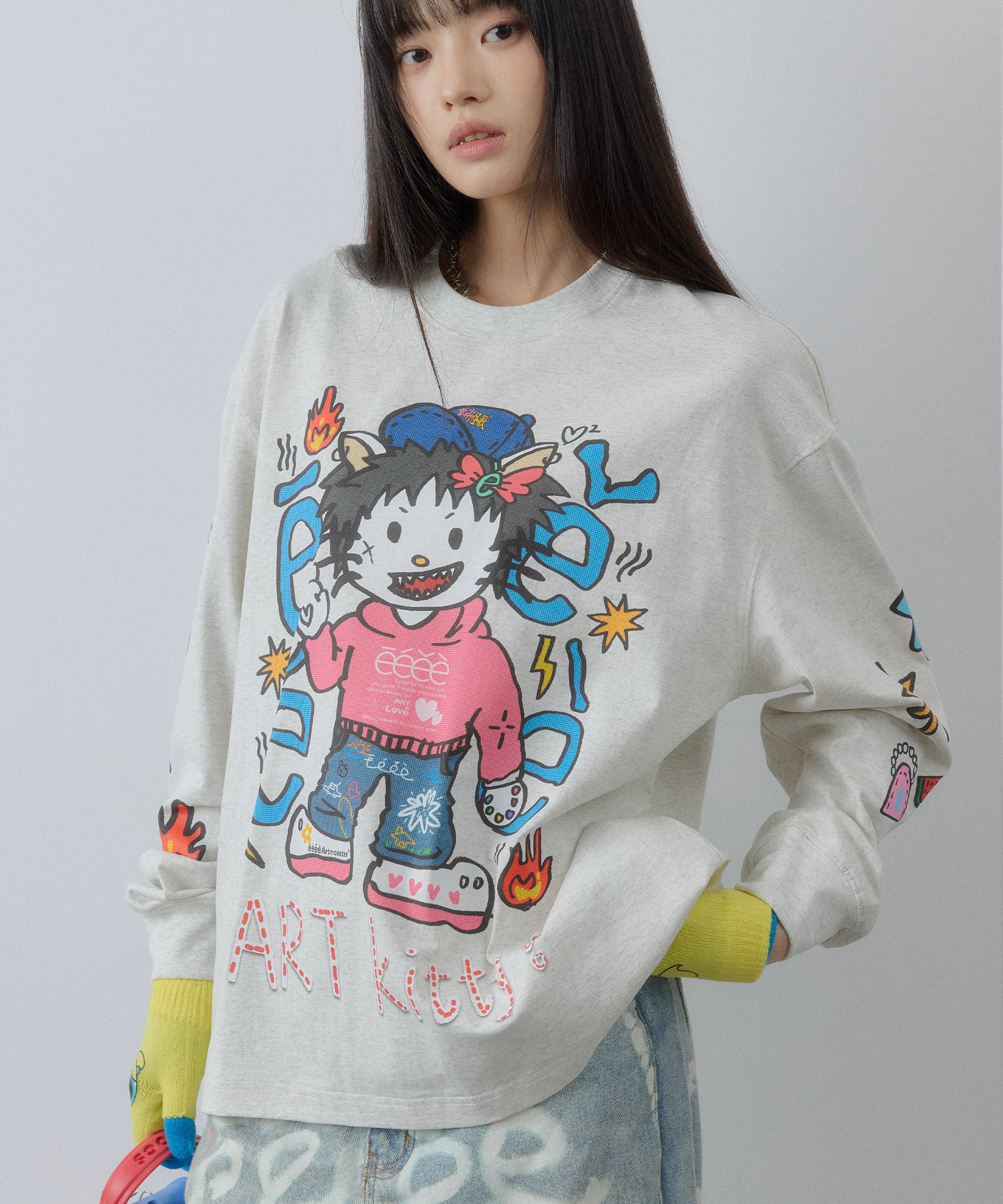 “艺术凯蒂”| eeee恶搞插画手绘涂鸦长袖T恤宽松潮流卫衣打底衫