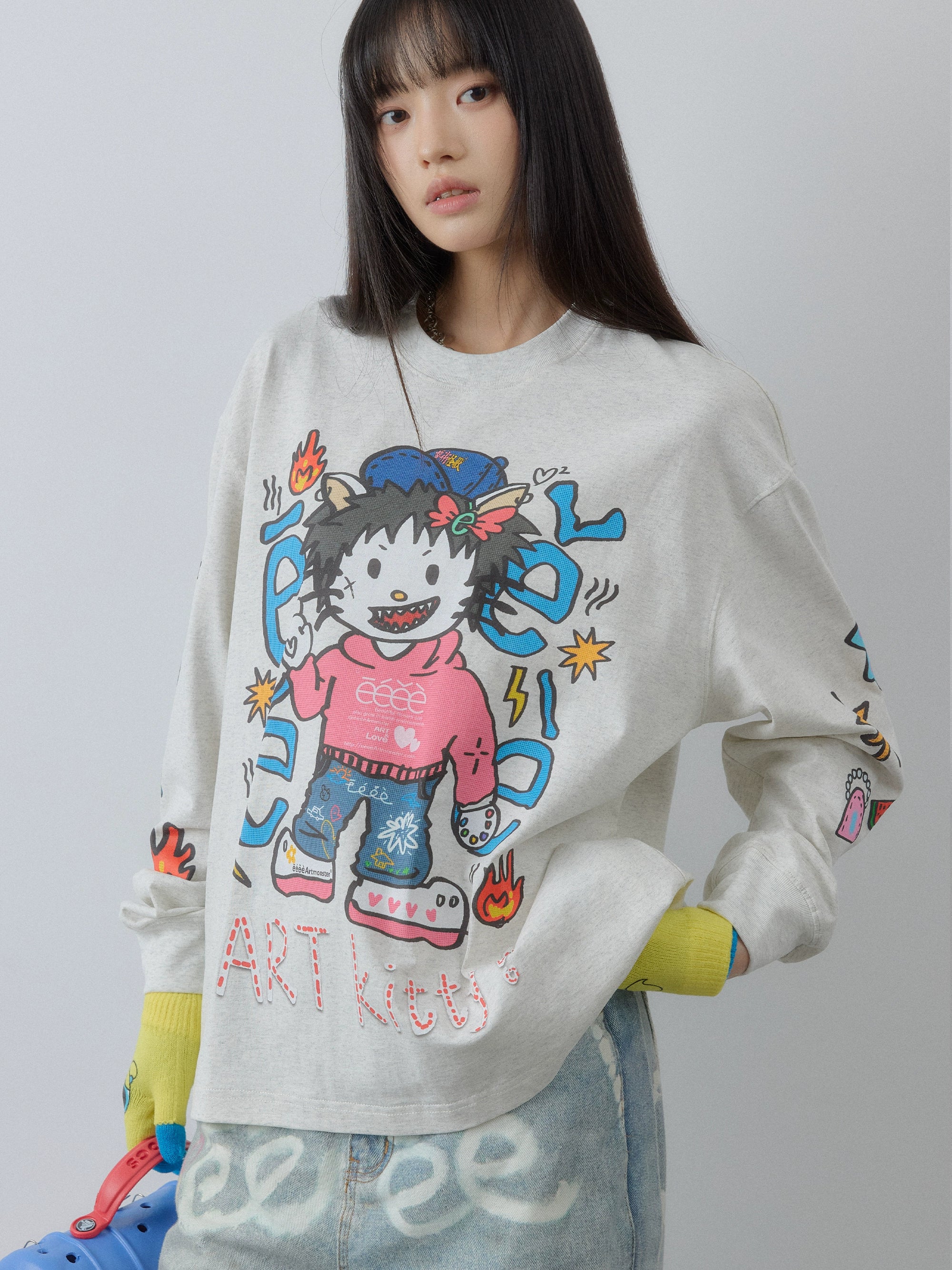 “艺术凯蒂”| eeee恶搞插画手绘涂鸦长袖T恤宽松潮流卫衣打底衫