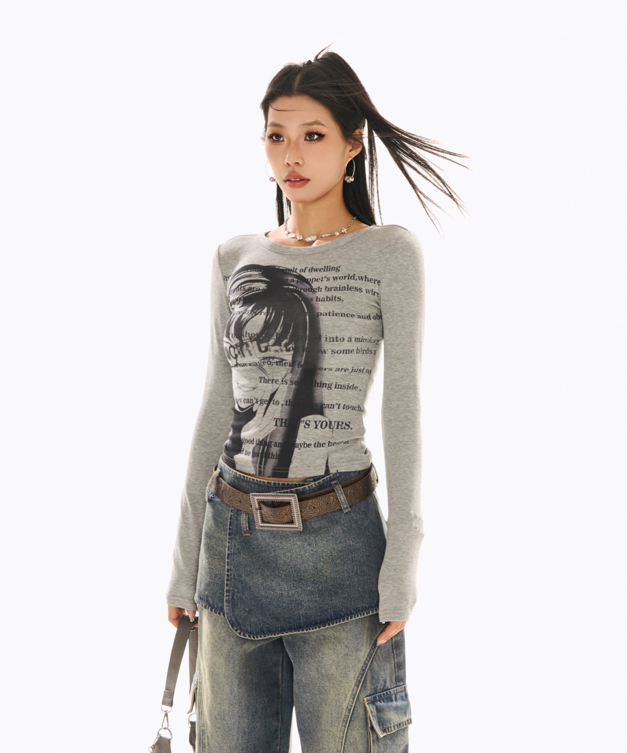 野生zerocircle 灰粉色正肩长袖t恤女秋辣妹修身显瘦印花小众上衣