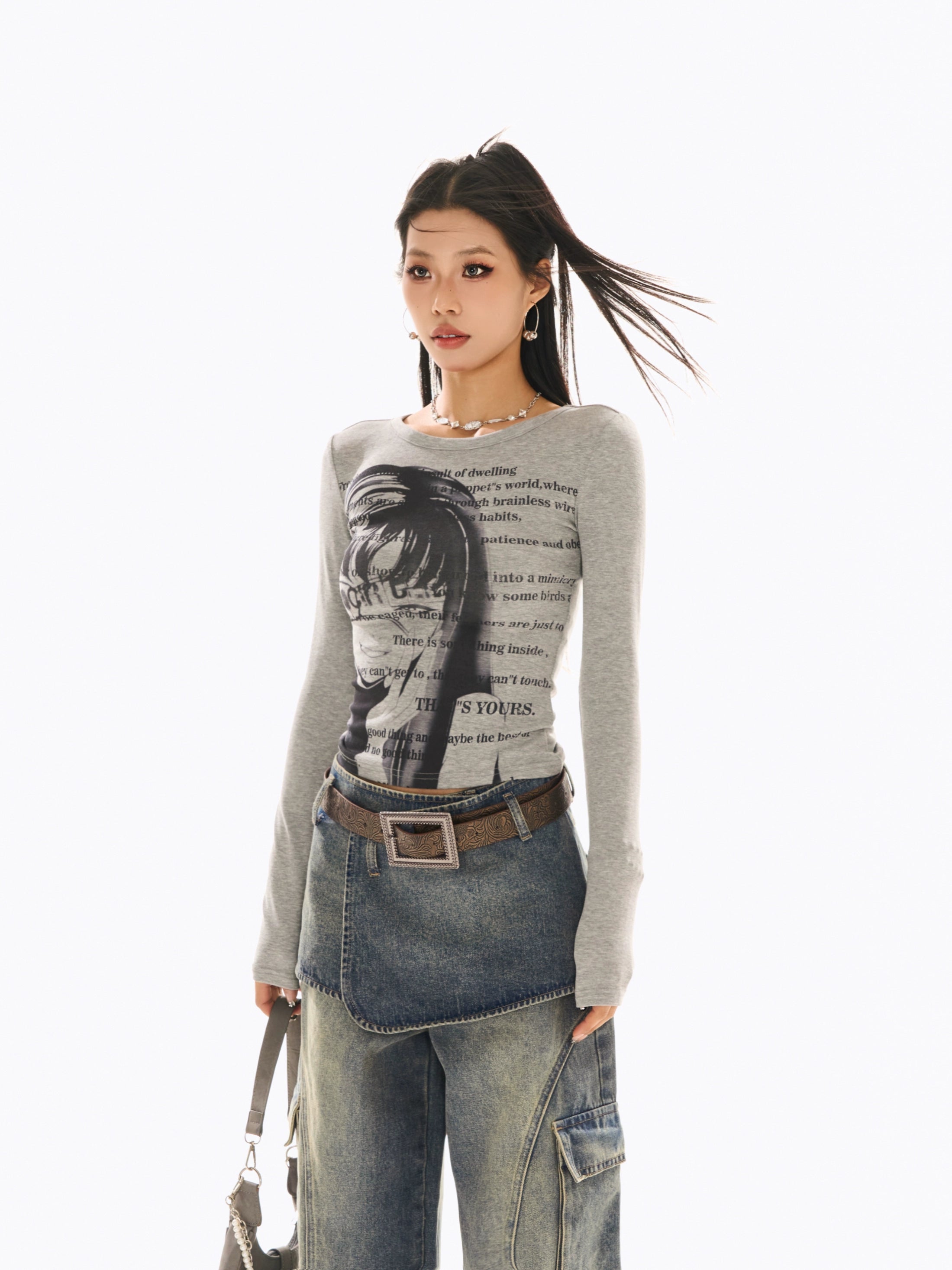 野生zerocircle 灰粉色正肩长袖t恤女秋辣妹修身显瘦印花小众上衣