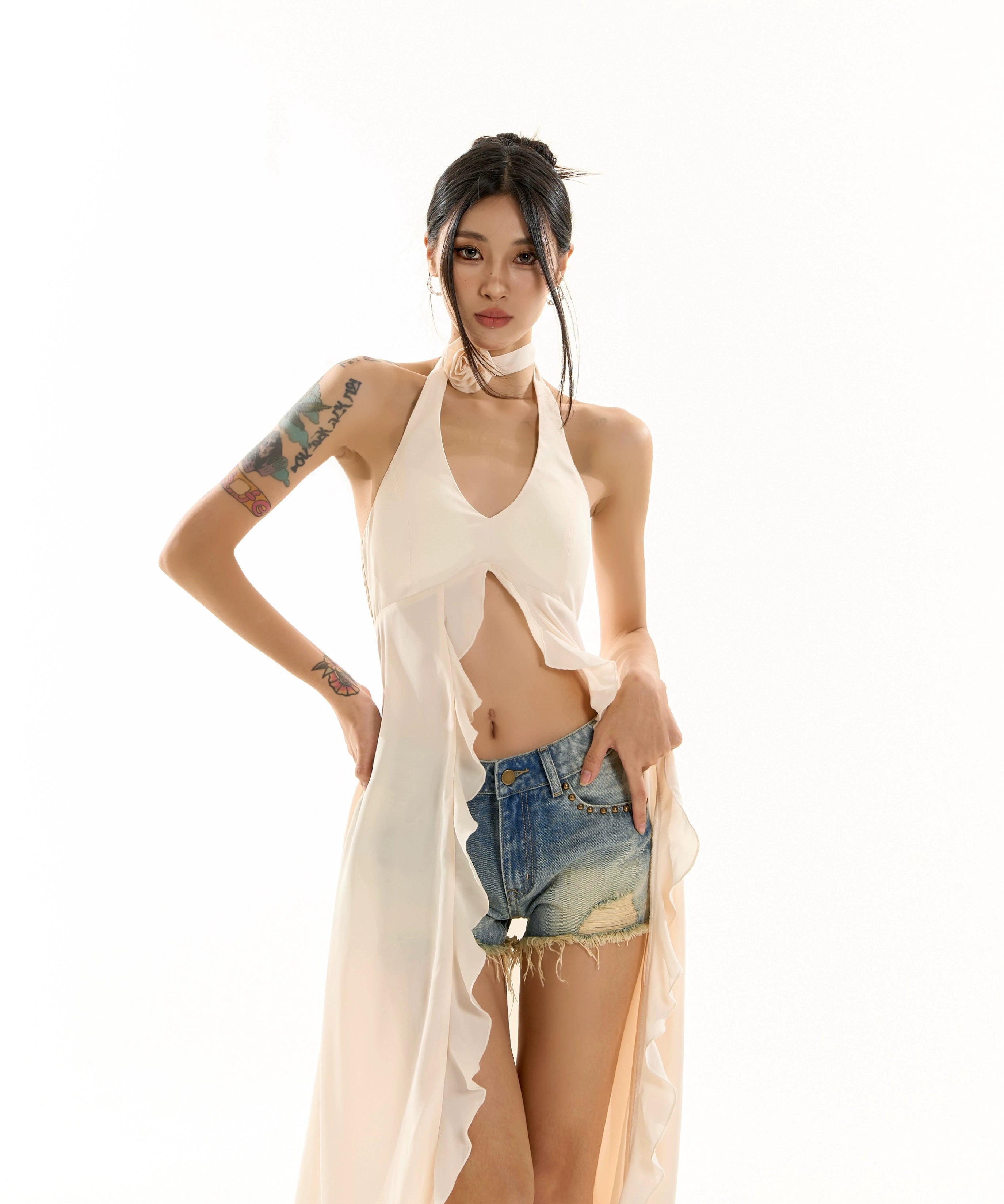 野生zero红色荷叶边挂脖背心连衣裙女夏季设计感小众显瘦无袖上衣