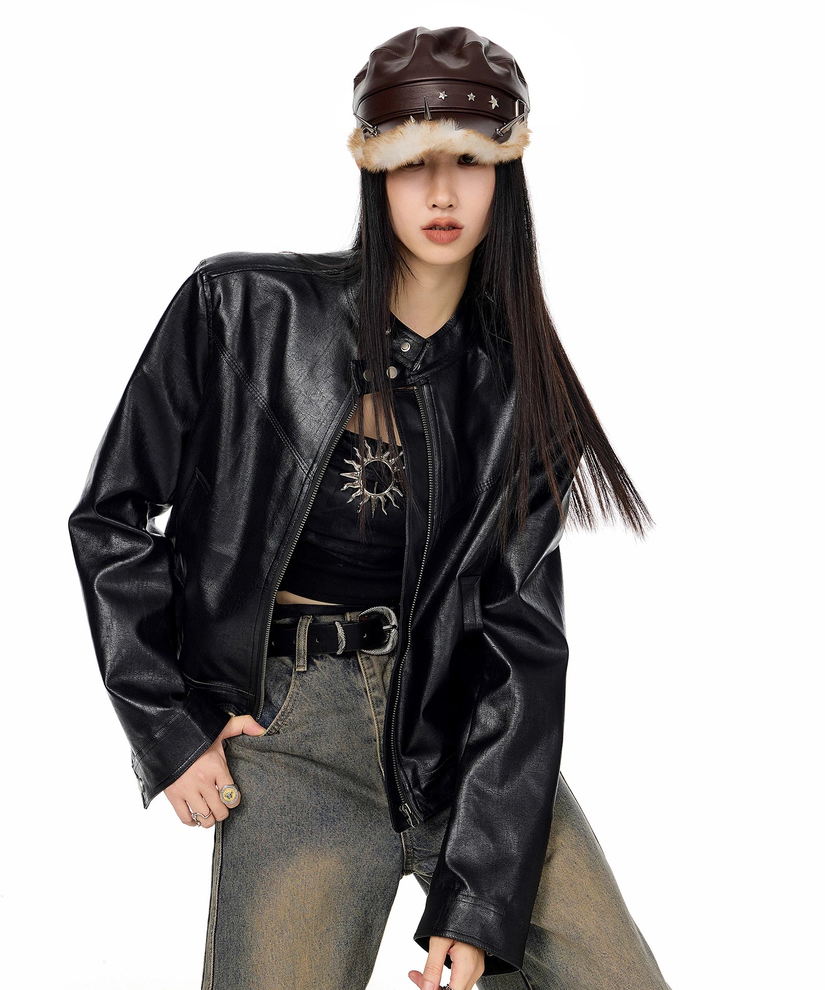 ICH MODE 美式复古短款机车皮衣外套女秋冬酷飒风流行皮夹克上衣