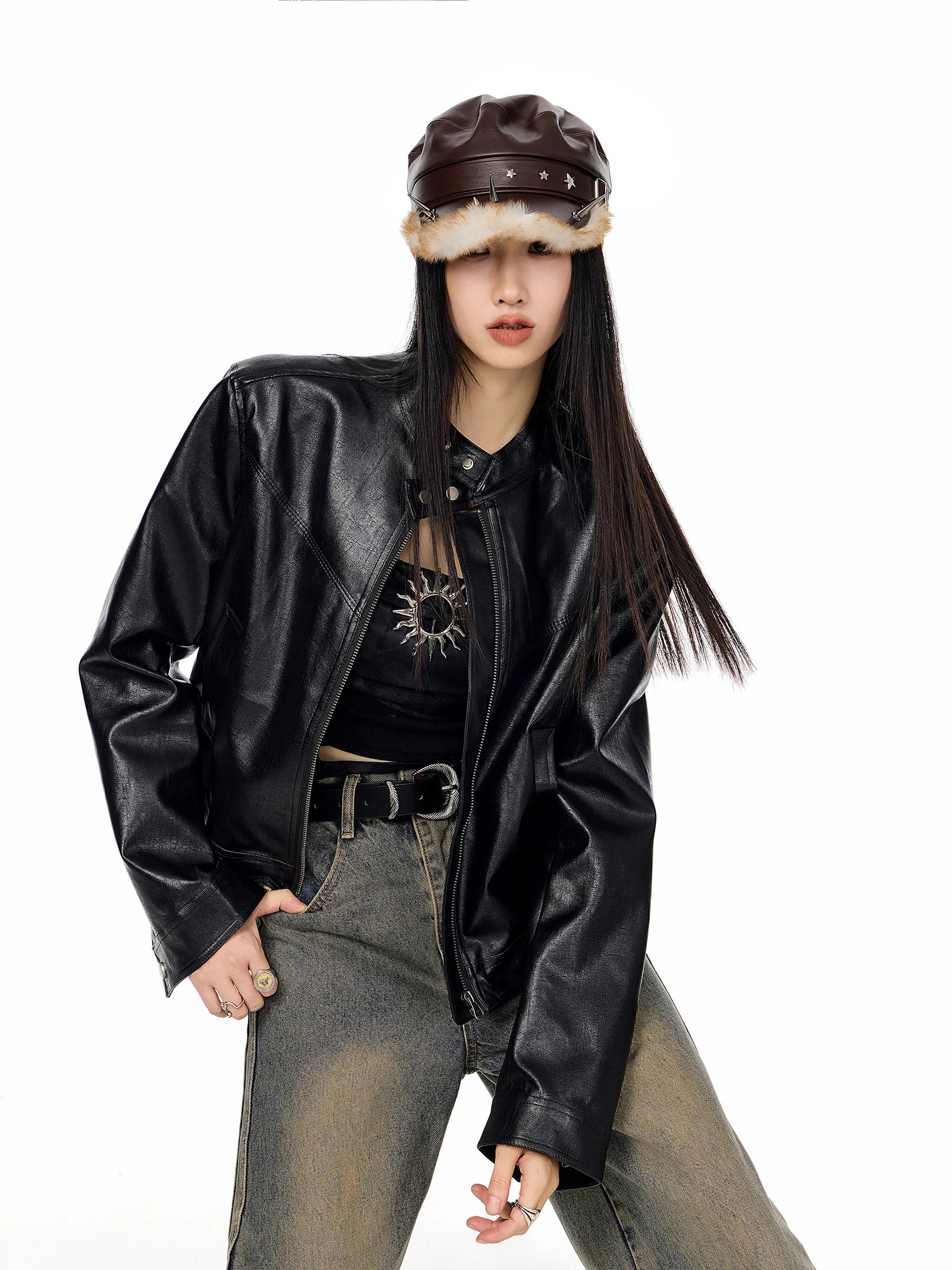 ICH MODE 美式复古短款机车皮衣外套女秋冬酷飒风流行皮夹克上衣