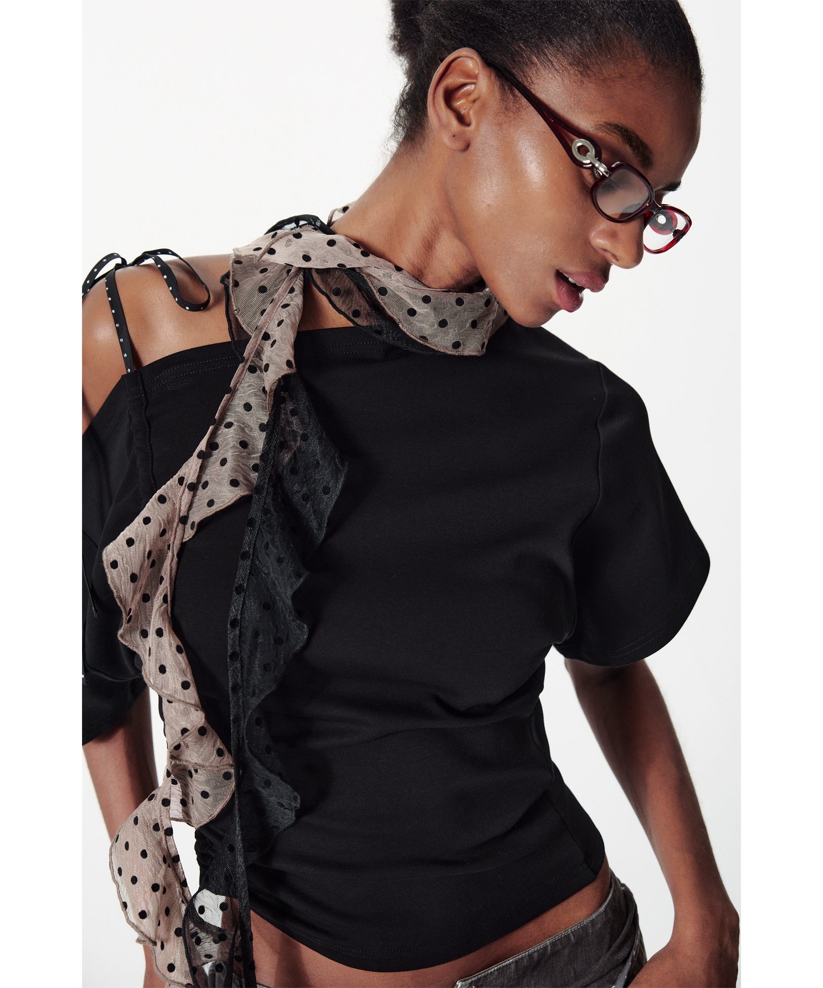 2th Desire透感植绒复古波点百搭荷叶边丝巾夏季网纱小围巾