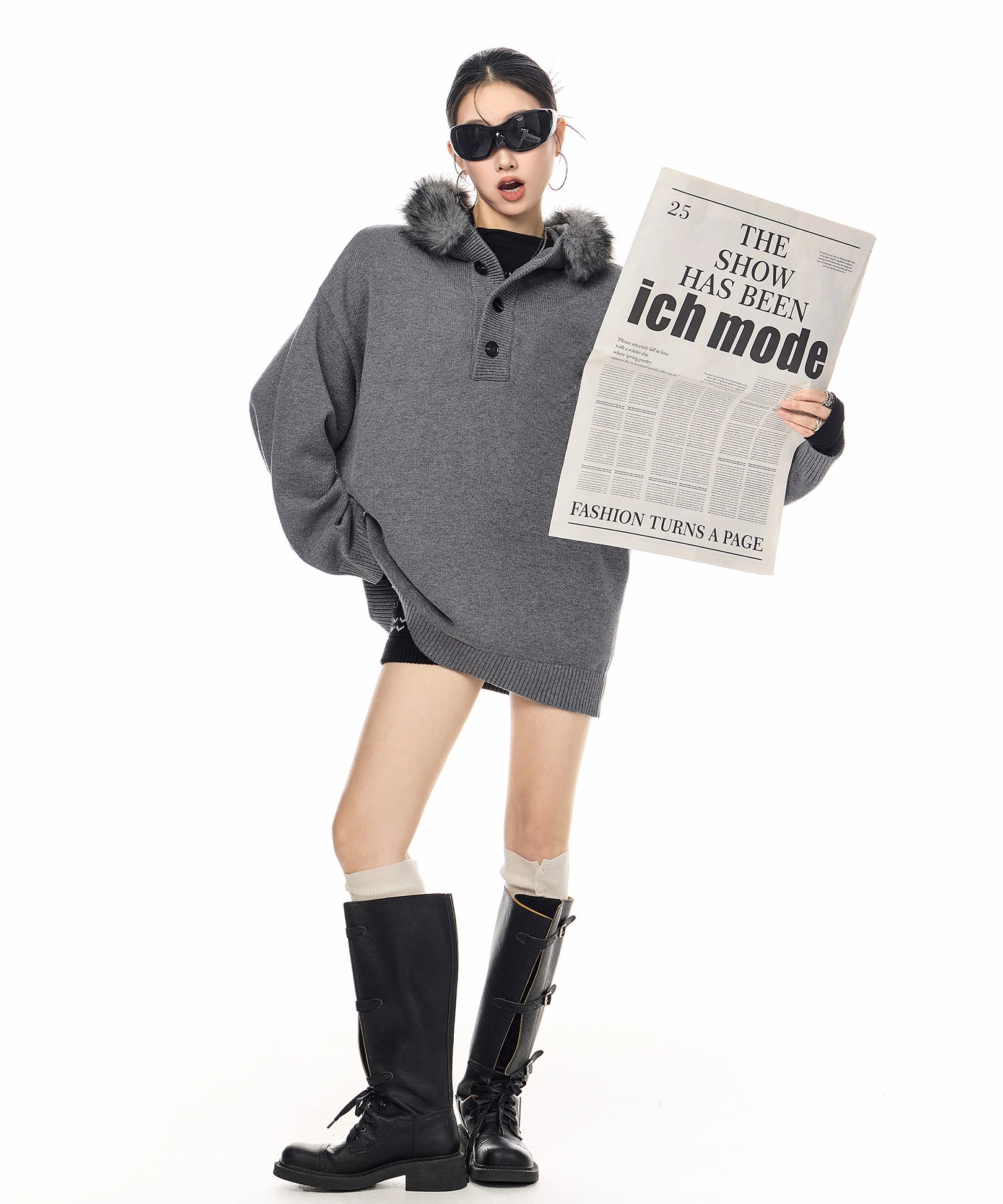 ICH MODE 美式复古毛领毛衣女秋冬季慵懒宽松连帽针织衫宽松外套