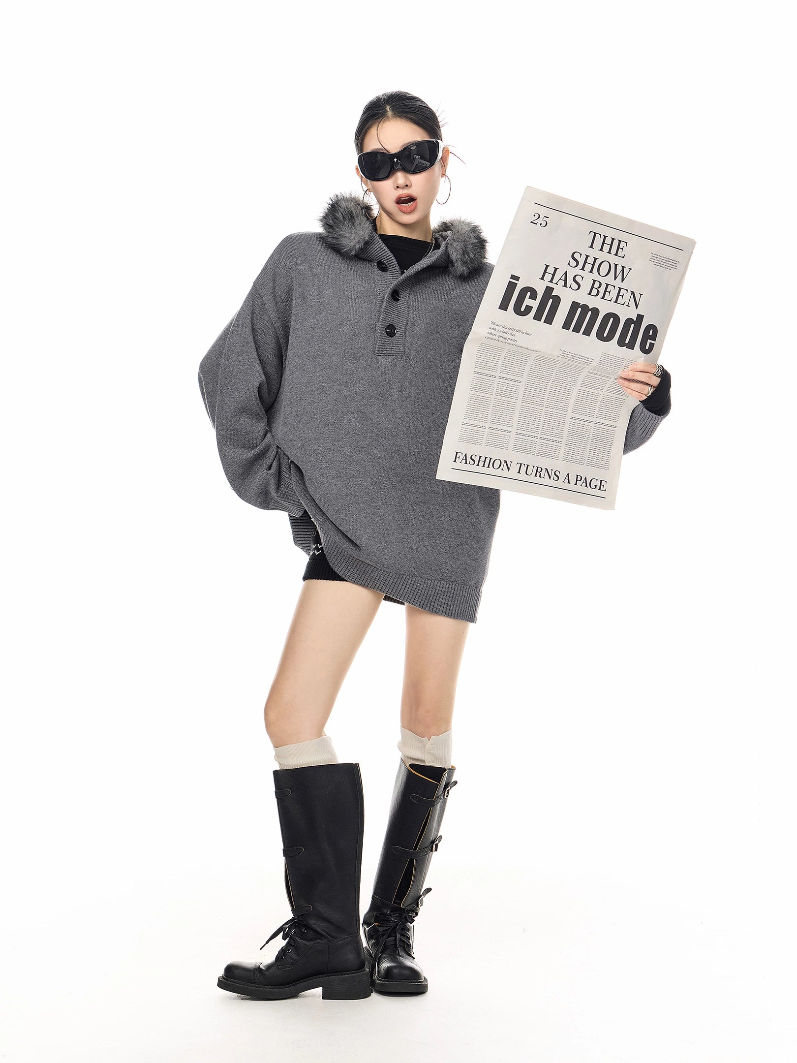 ICH MODE 美式复古毛领毛衣女秋冬季慵懒宽松连帽针织衫宽松外套