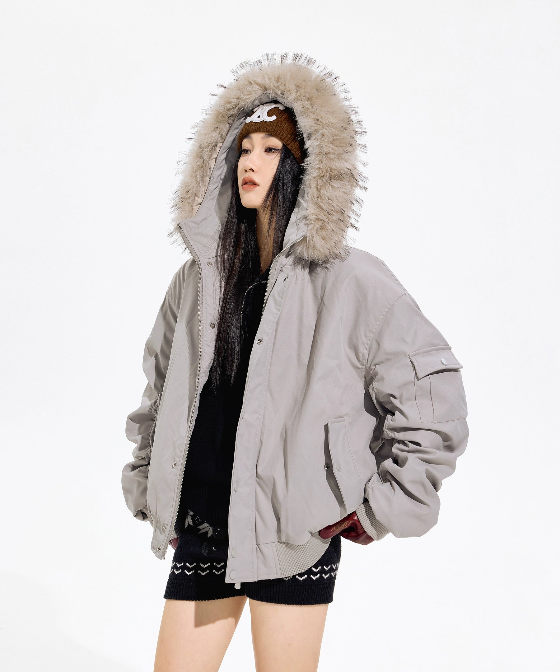 ICH MODE 美式复古毛领加厚棉服女秋冬季宽松保暖派克服棉衣外套