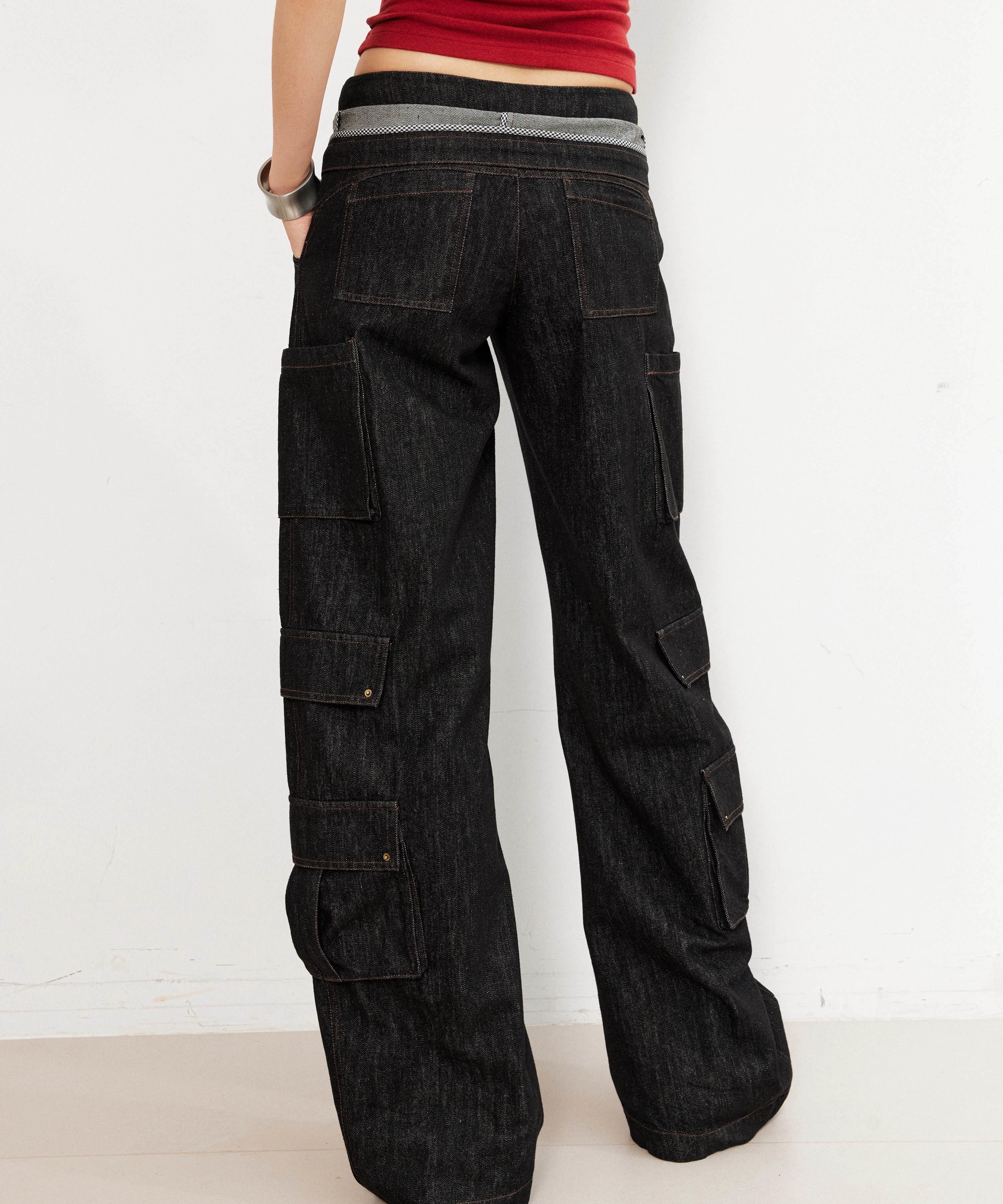 2th Desire美式复古多口袋立体双腰头剪裁低腰弯刀工装直筒牛仔裤