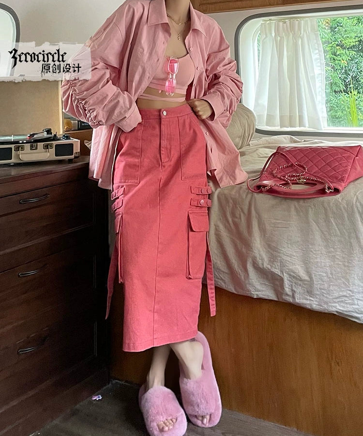 野生zerocircle绿色半身裙女春夏设计感高腰显瘦开叉中长工装裙子