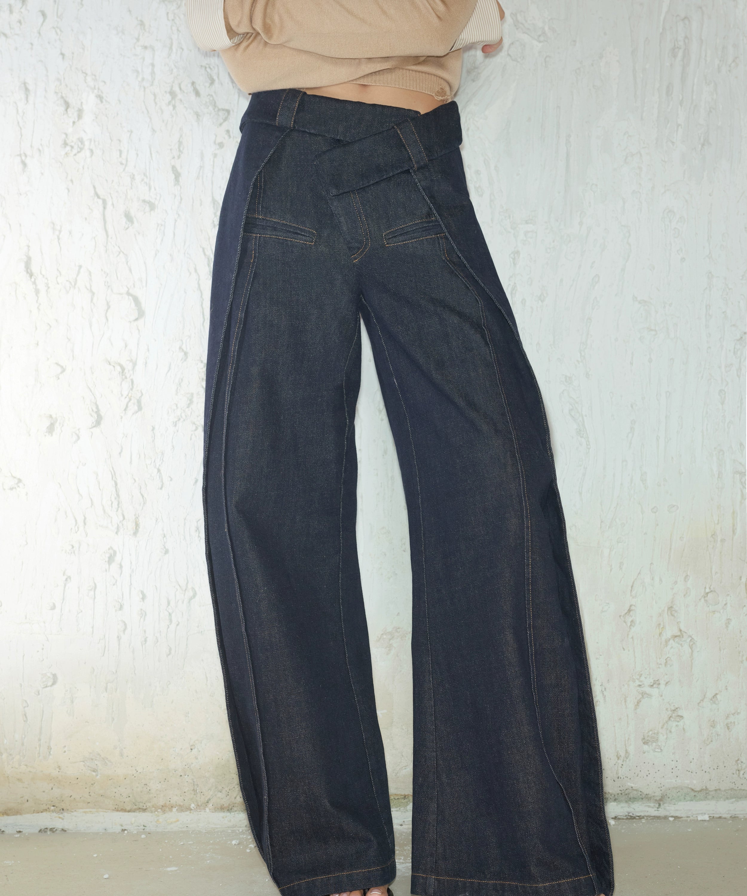 2th Desire时髦廓形翻折腰头不规则设计感直筒阔腿休闲显瘦长裤