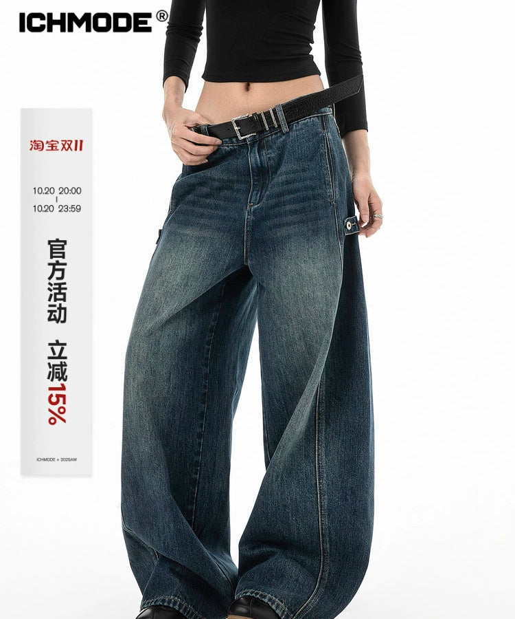 ICH MODE 美式复古水洗牛仔裤女秋冬新款宽松阔腿裤休闲裤直筒裤