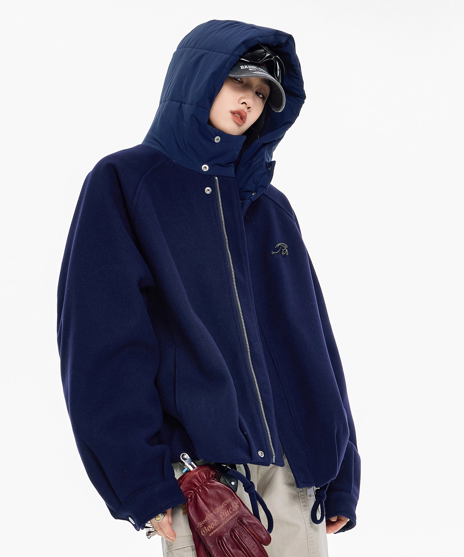 ICH MODE 美式复古拼接连帽棉服女新款冬季宽松保暖棉衣开衫外套