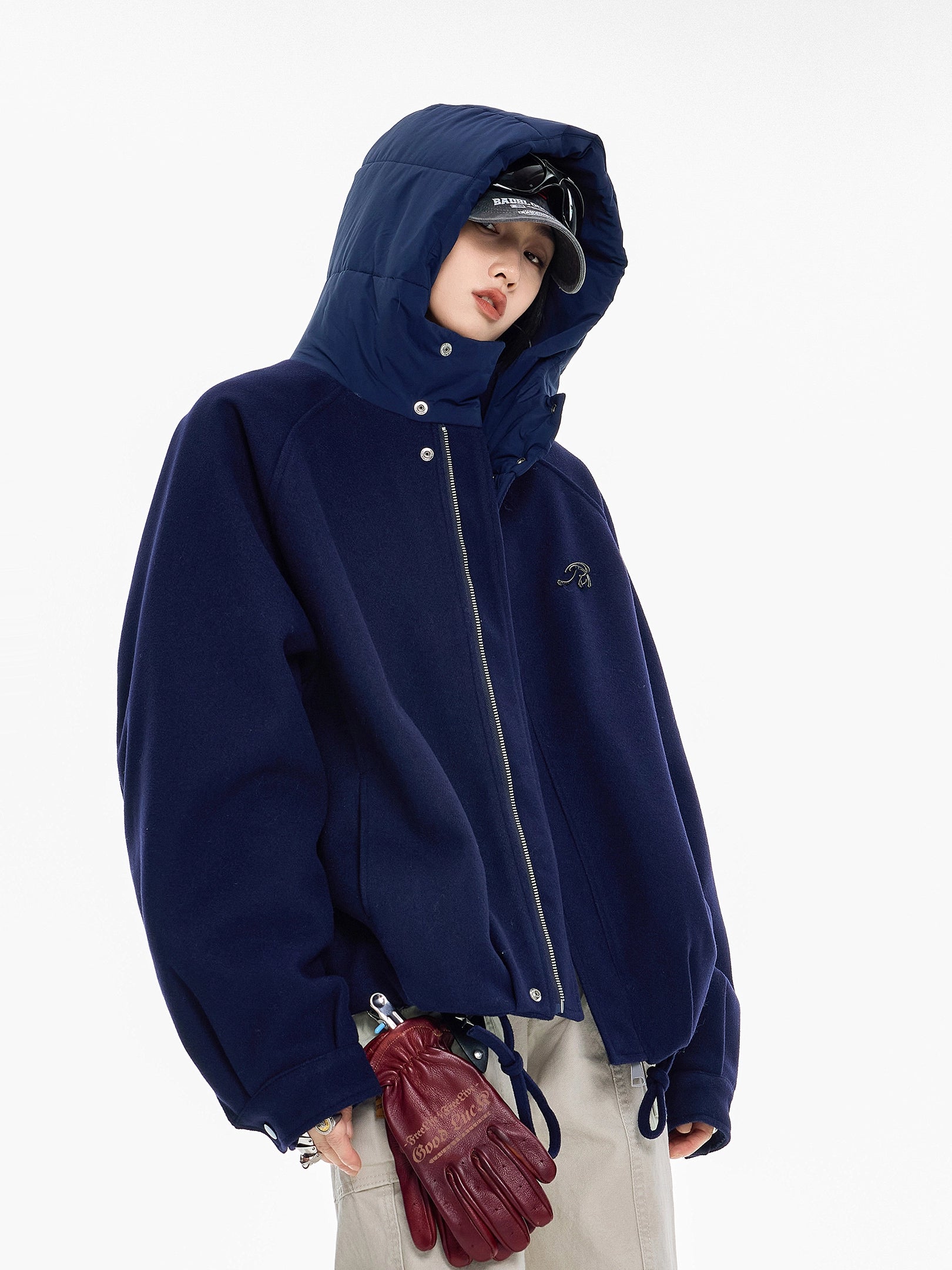 ICH MODE 美式复古拼接连帽棉服女新款冬季宽松保暖棉衣开衫外套