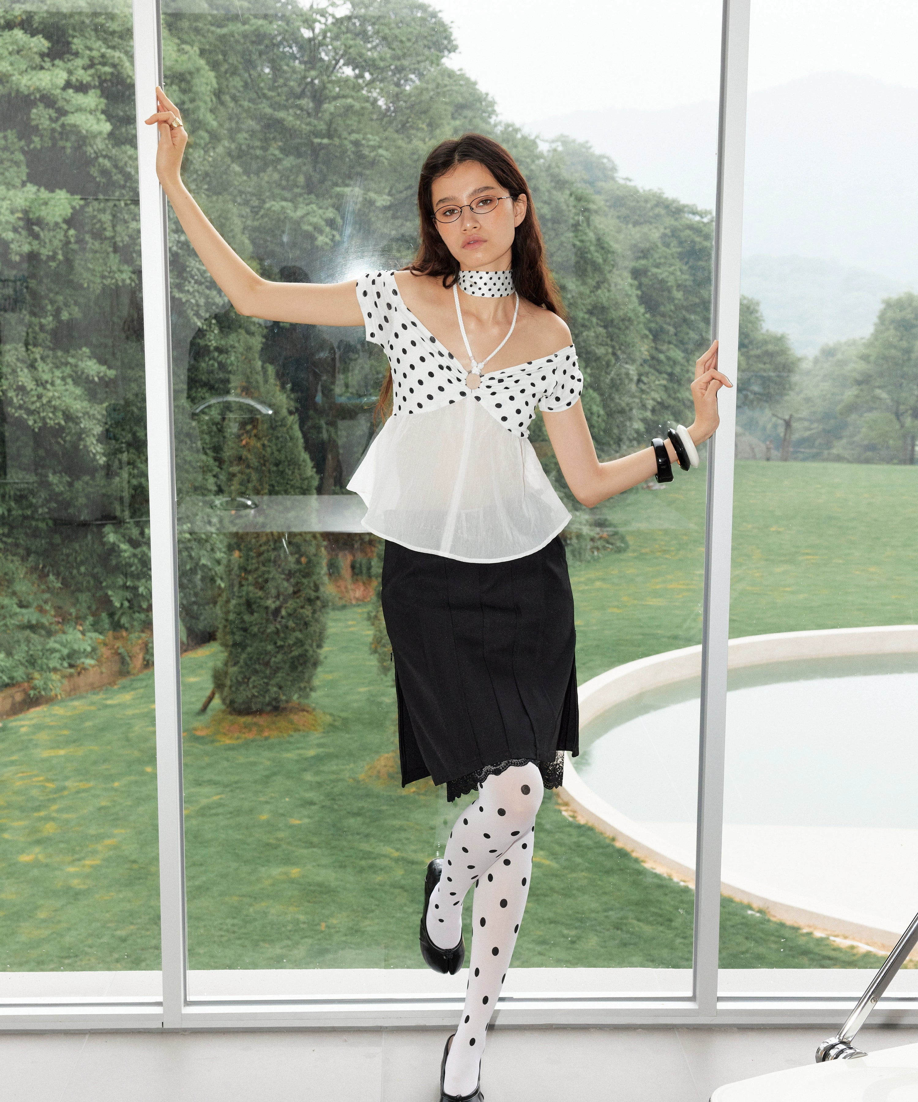 2th Desire豹纹波点微透泛光麻绳串珠度假一字肩弹力挂脖吊带上衣