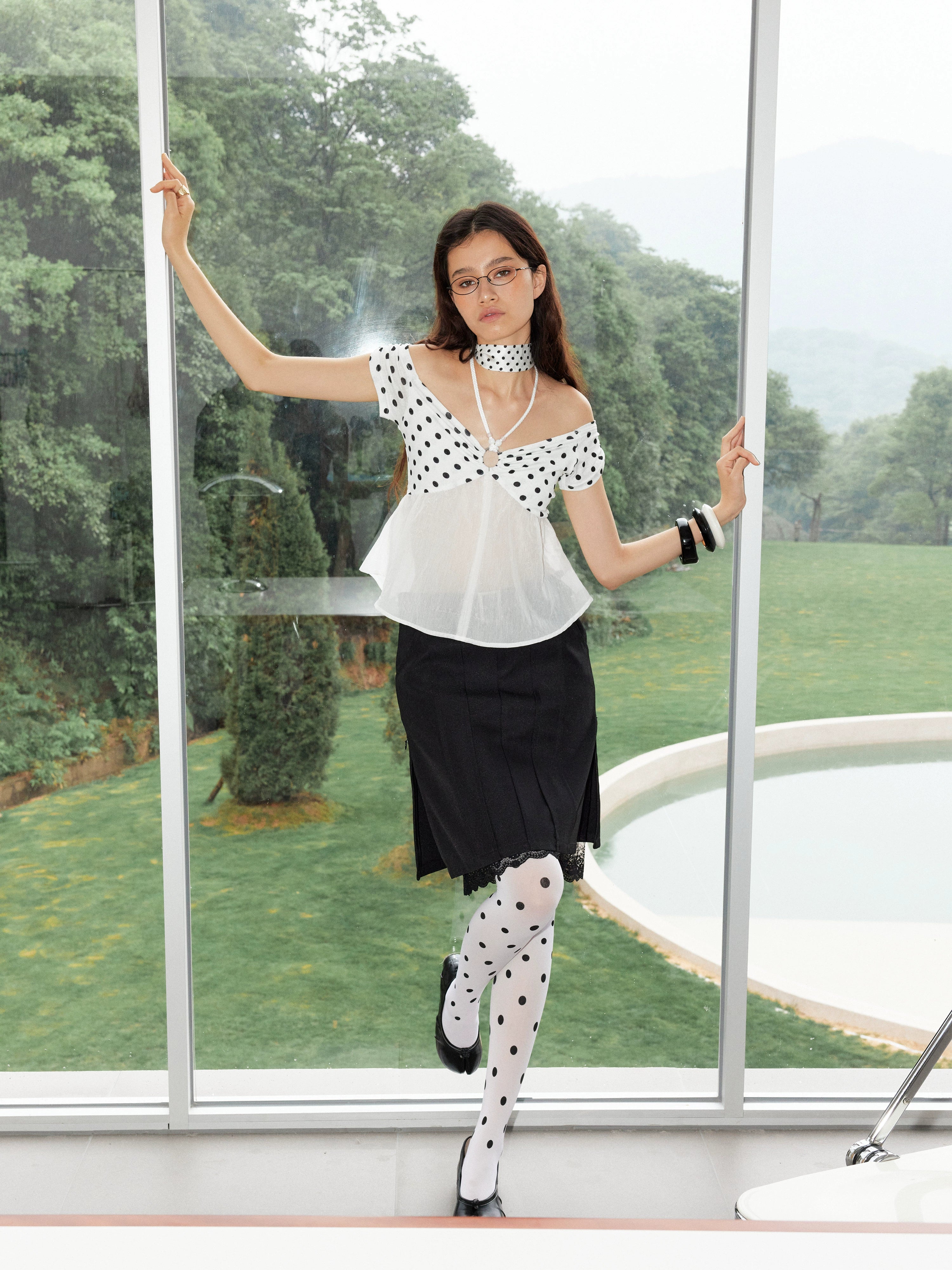 2th Desire豹纹波点微透泛光麻绳串珠度假一字肩弹力挂脖吊带上衣