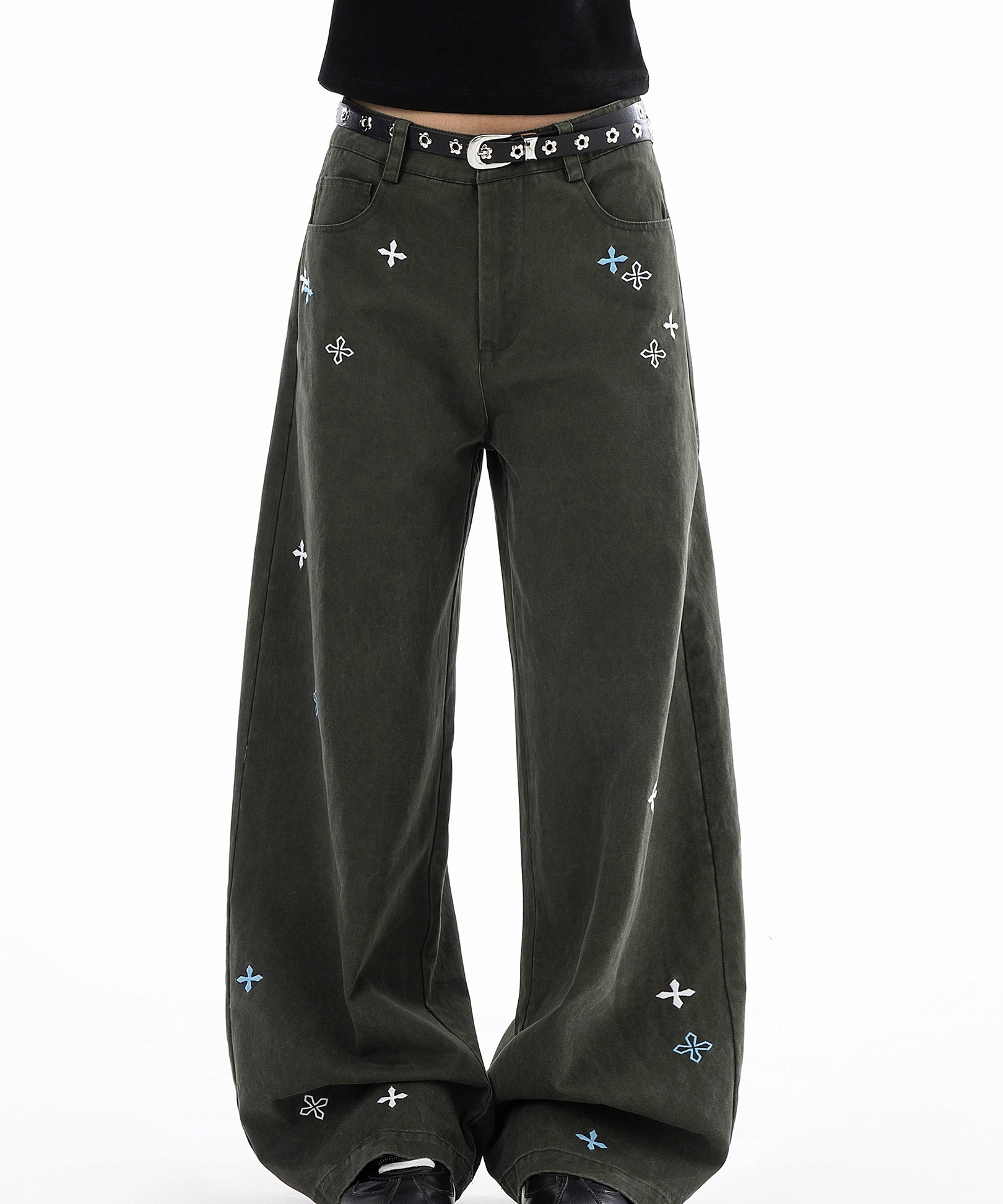 ICH MODE 美式复古刺绣纱卡休闲裤女宽松直筒裤弯刀阔腿裤运动裤