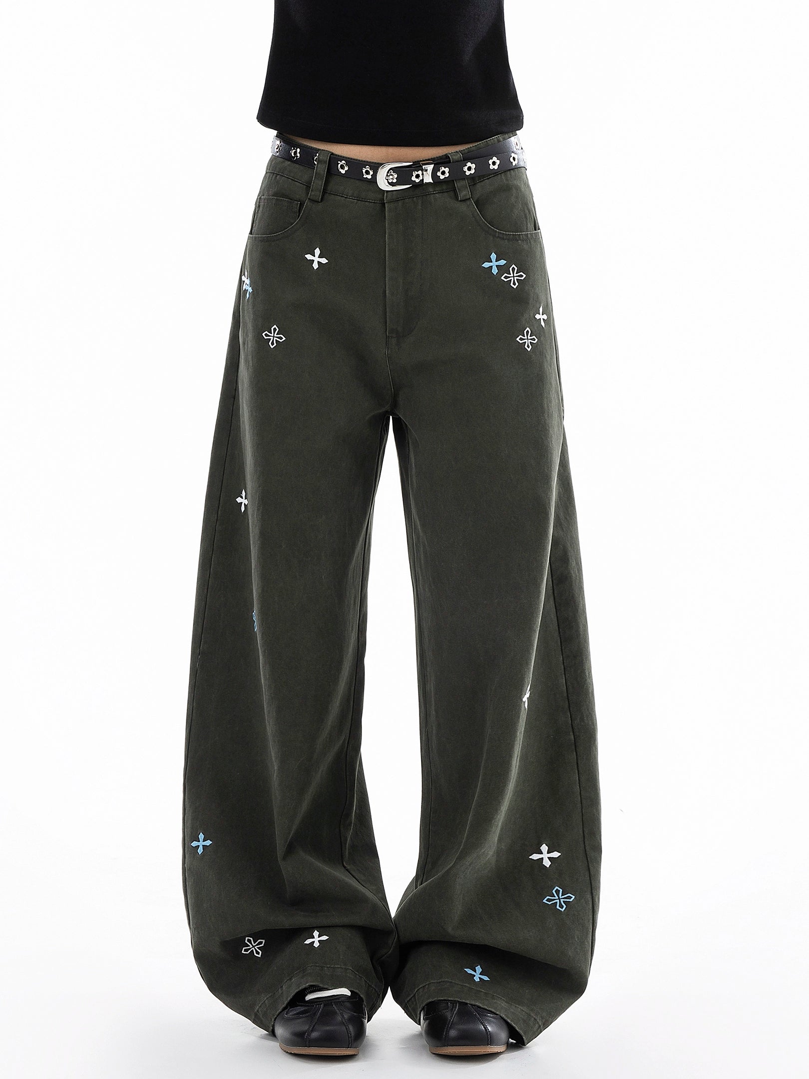 ICH MODE 美式复古刺绣纱卡休闲裤女宽松直筒裤弯刀阔腿裤运动裤